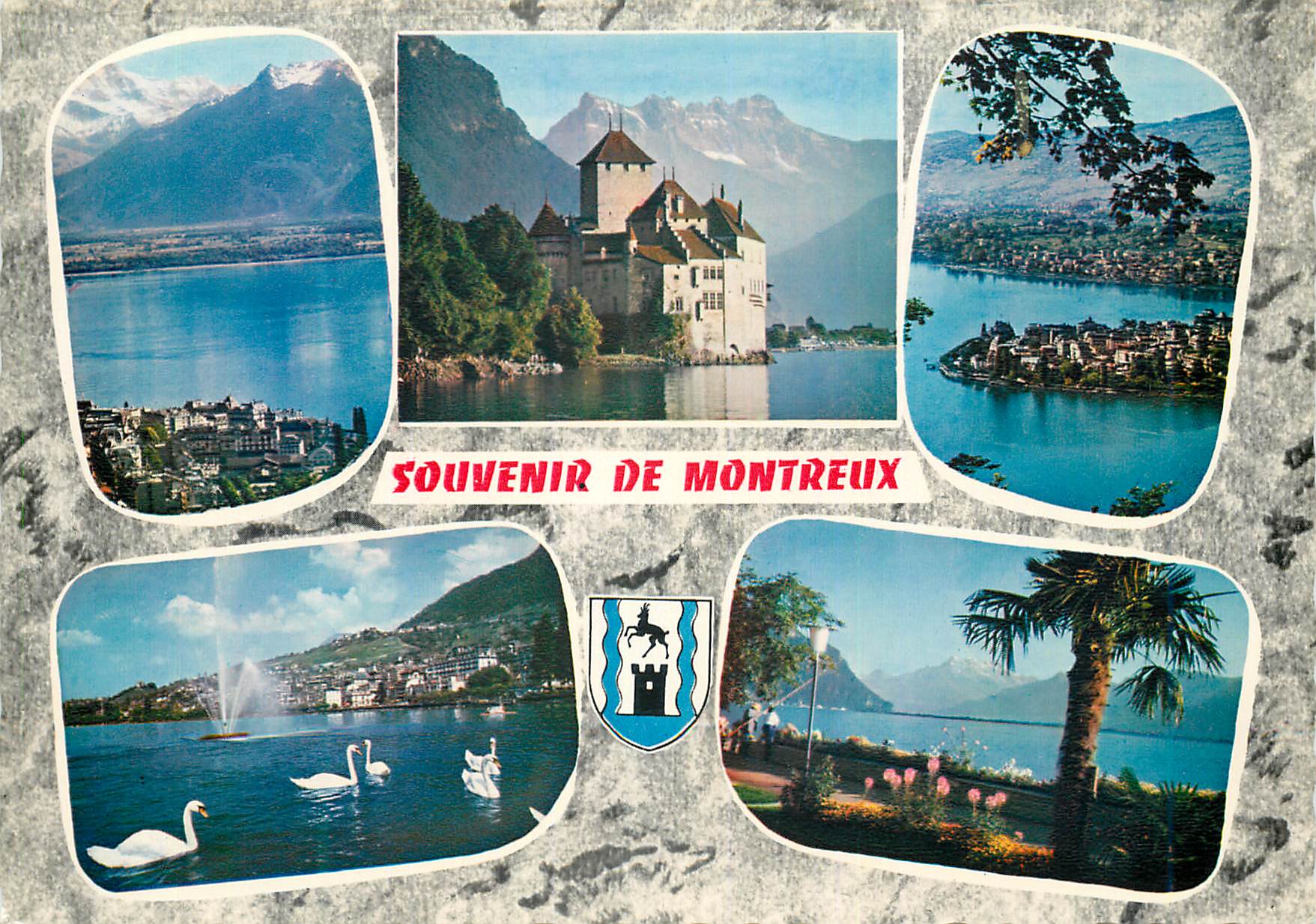 CPM Souvenir de Montreux Montreux et les Dents du Midi Chateau de Chillon Territet Montreux Clarens Le Jet d Eau de Mont