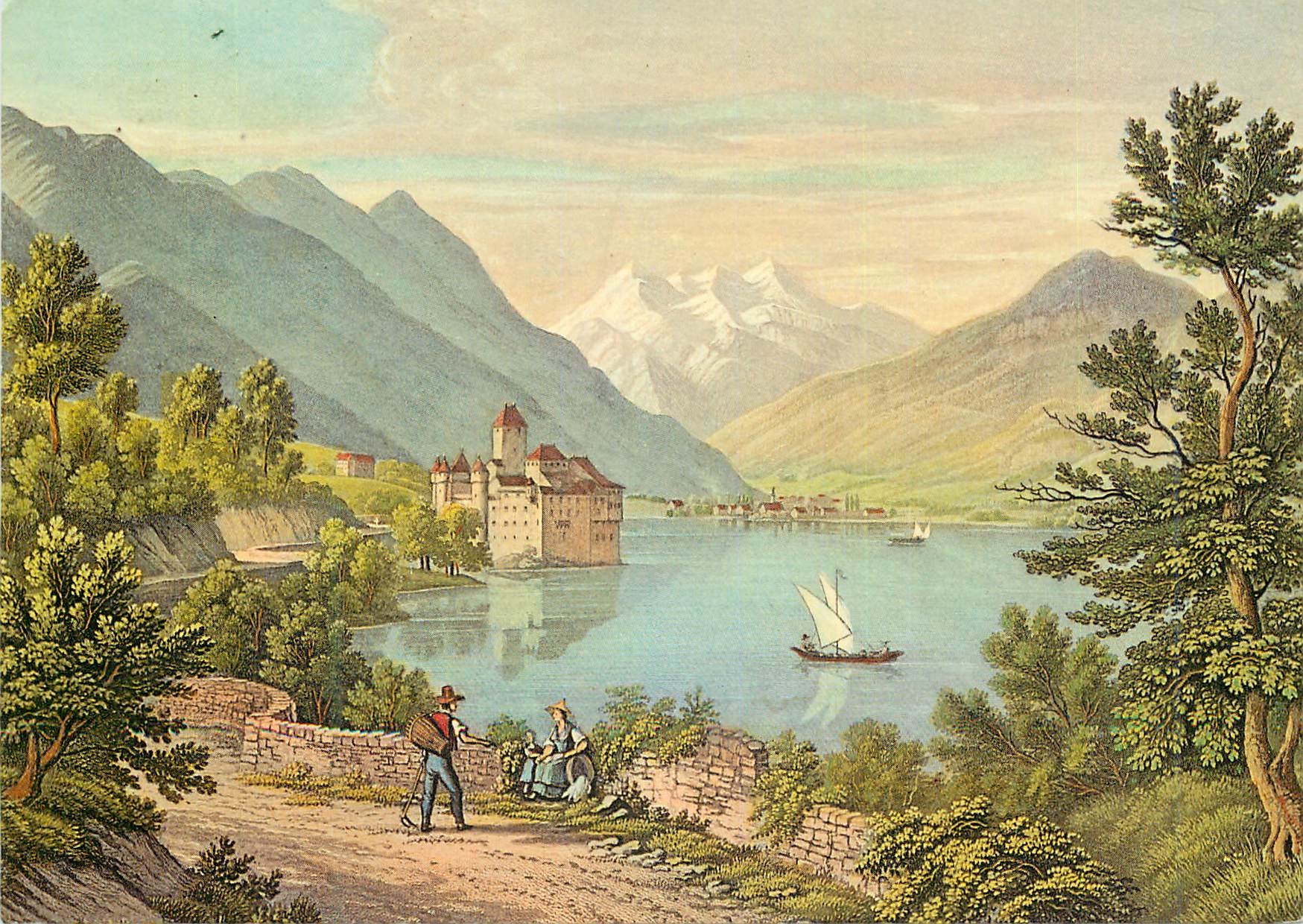 CPM Le Chateau de Chillon et les Dents du Midi d apres une gravure ancienne du debut du xixesiecle