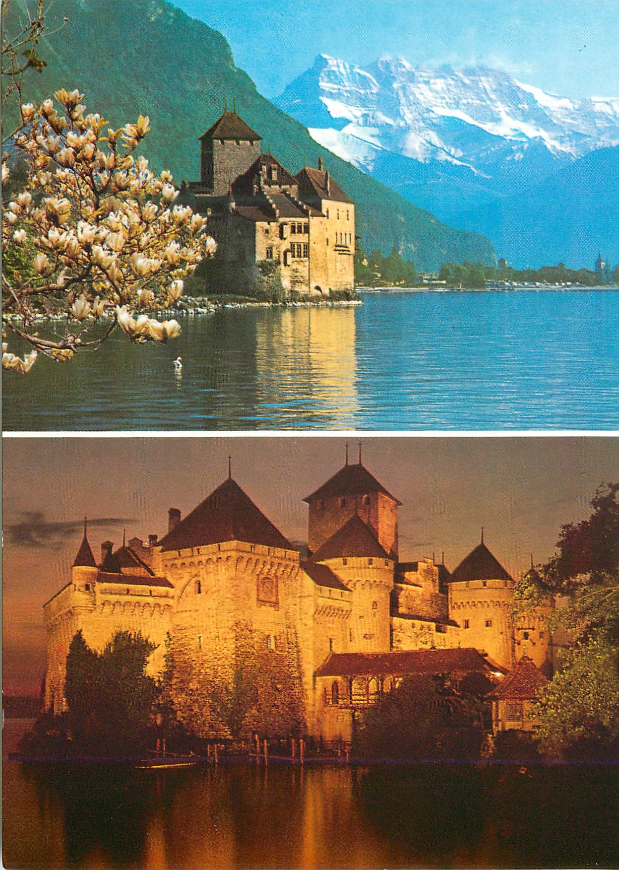 CPM Montreux Chillon Le Chateau de Chillon au printemps et de nuit