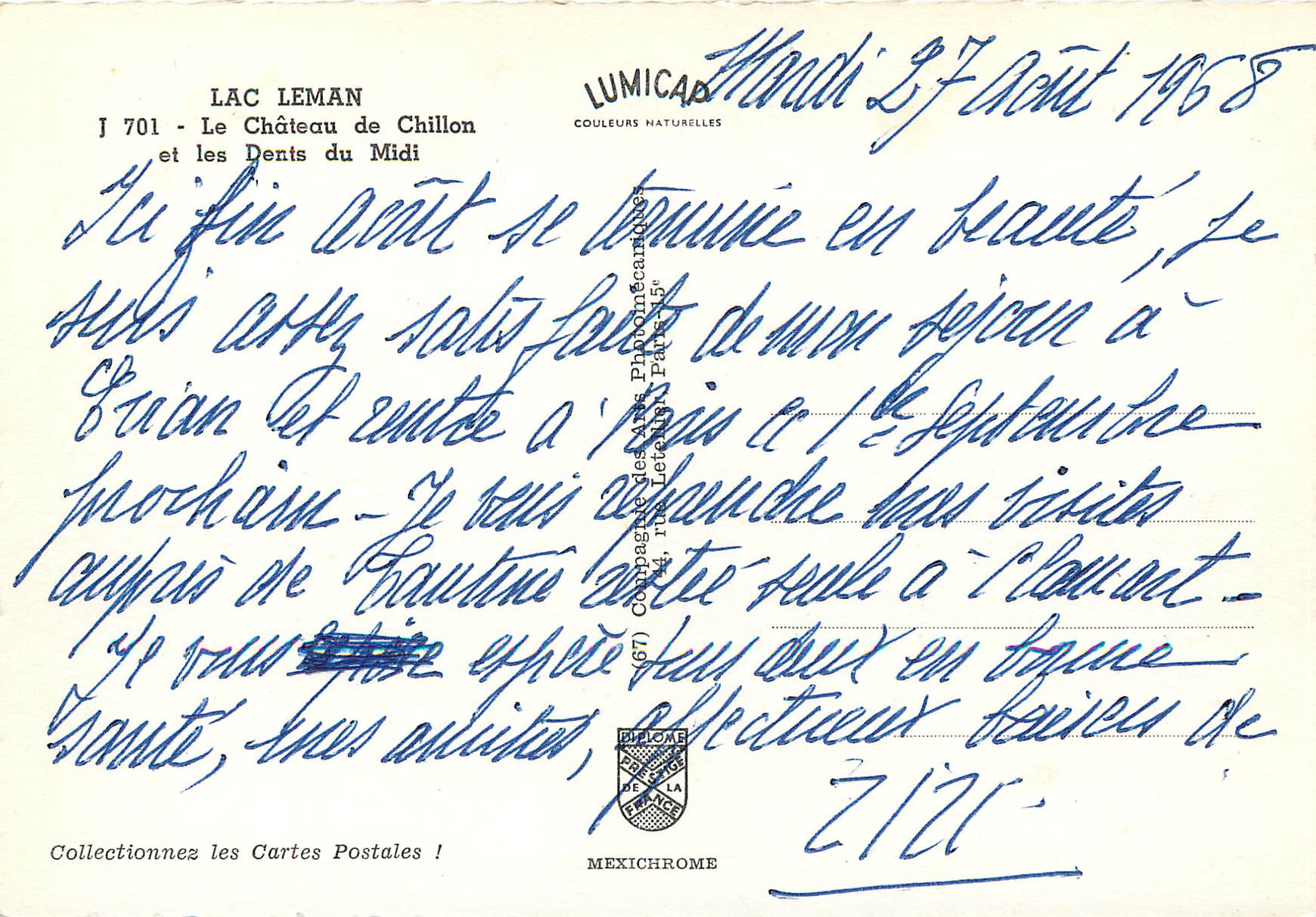 CPM Lac Leman Le Chateau de Chillon et les Dents du Midi Lumicap Collectionez les Cartes Postales — Rückseite