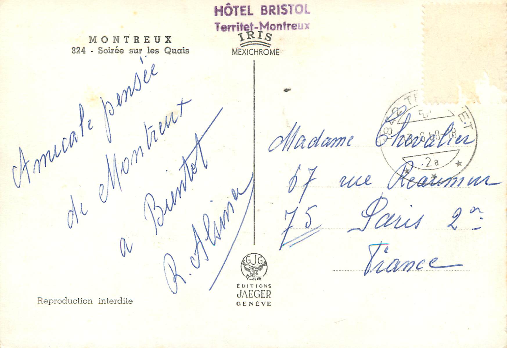 CPM Montreux Soiree sur les Quais Hotel Bristol Territet Montreux Iris Mexichrome Reproduction intredite — Back