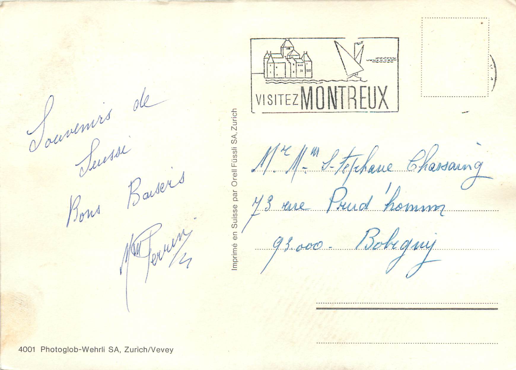 CPM Souvenir de Montreux Photoglob Werhli S A Zurich Vevey — Rückseite