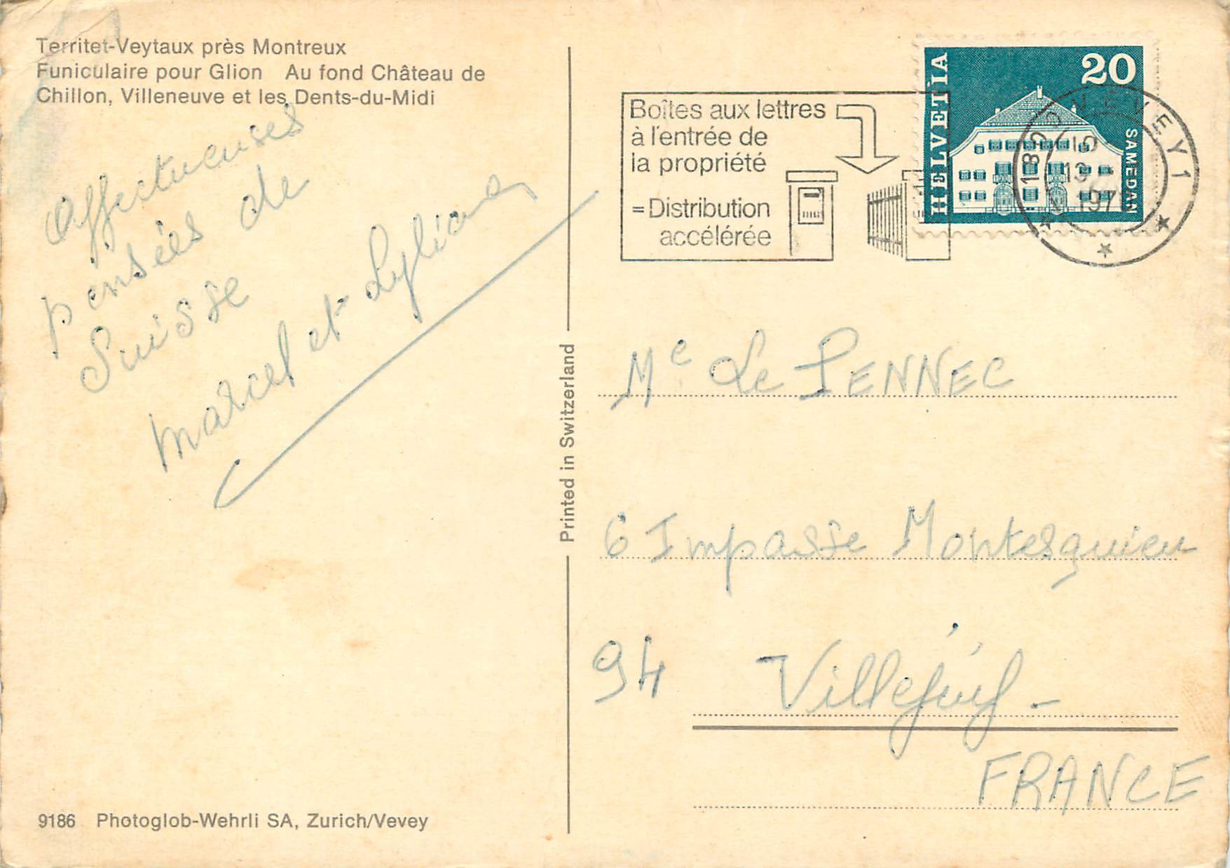 CPM Territet Veytaux pres Montreux Faniculaire pour Glion Au fond Chateau de Chillon Villeneuve et les Dents du Midi — Verso