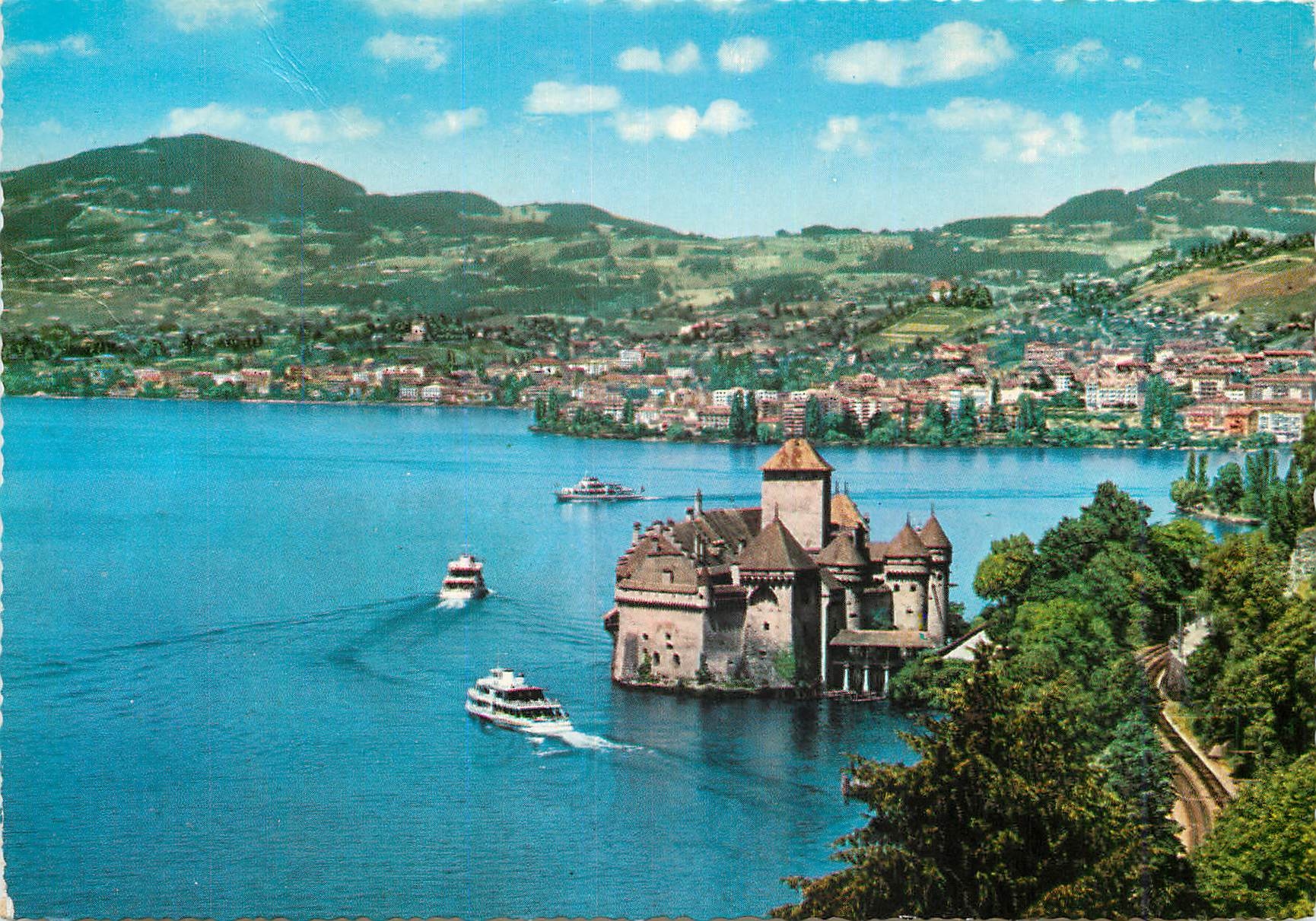 CPM Montreux Vue sur Baie et le Chateau de Chillon Blick auf die Bucht und das Schlos Chillon Veduta sulla baia ed il ca