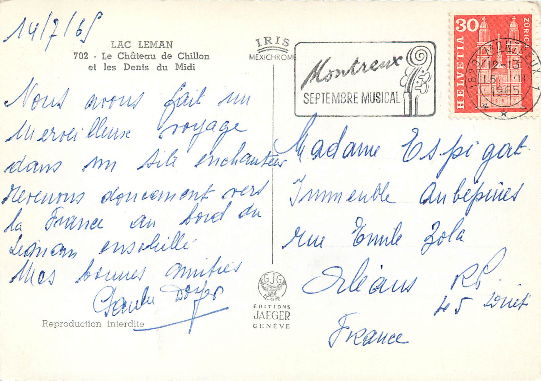 CPM Lac Leman Le Chateau de Chillon et les Dents du Midi Montreux Septembre Musical Helvetia — Rückseite