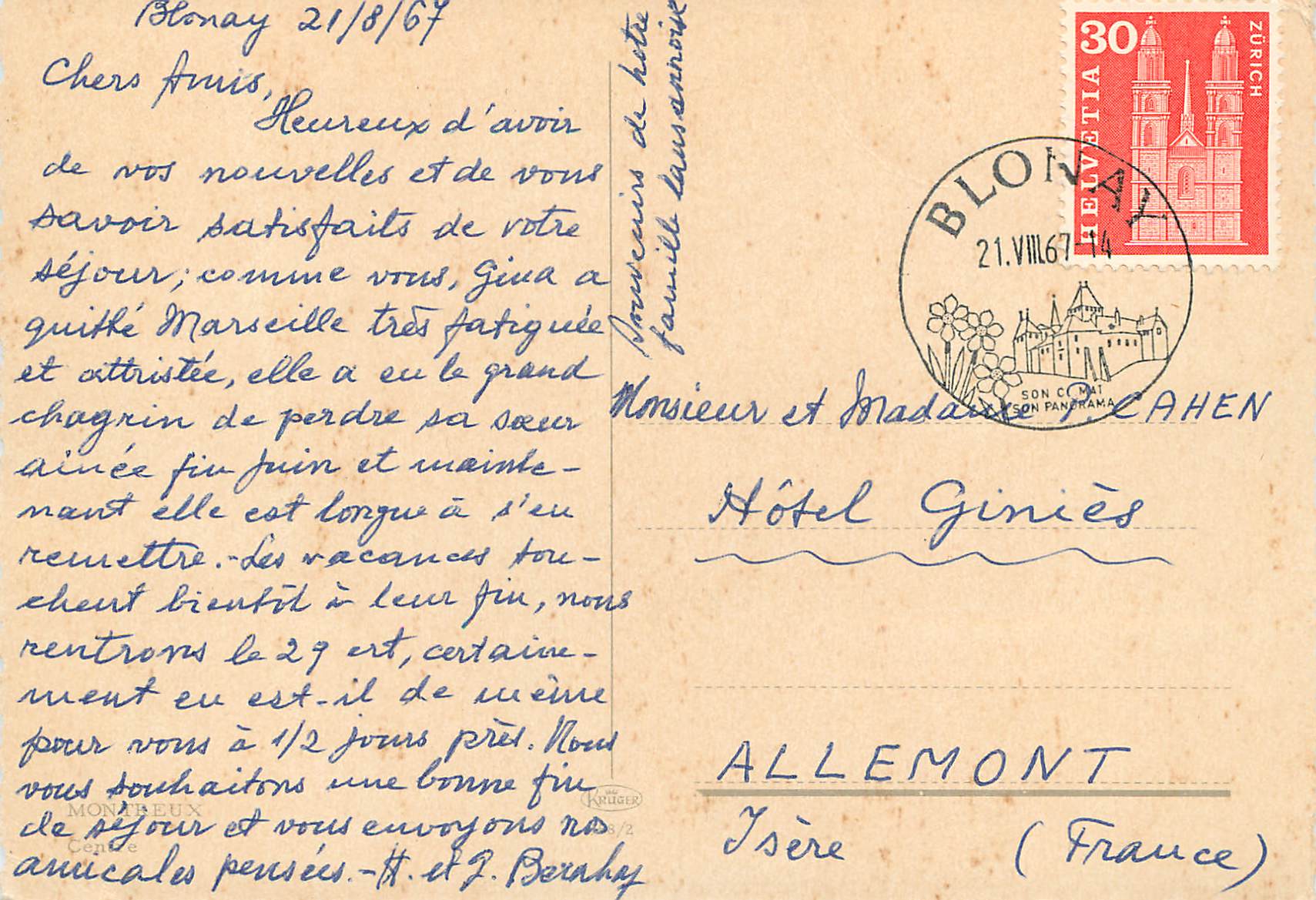 CPM Montreux Blonay Helvetia Zurich — Verso