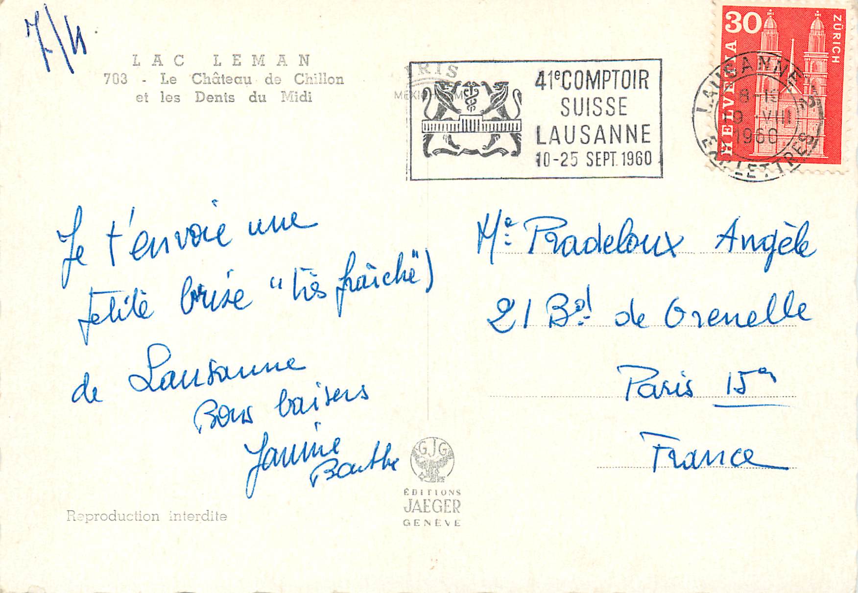 CPM Lac Leman Le Chateau de Chillon et les Dents du Midi Comptoir Suisse Luasanne 10 25 Sept 1960 Helvetia Zurich — Verso
