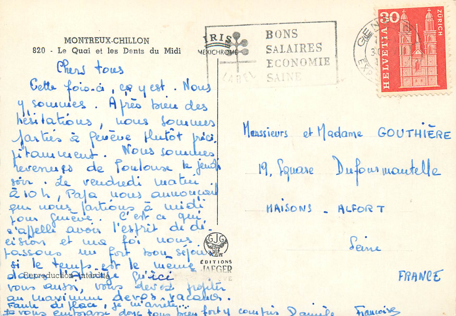 CPM Montreux Chillon Le Quai et les Dents du Midi Bons Solaires Economie Saine Helvetia Zurich — Verso