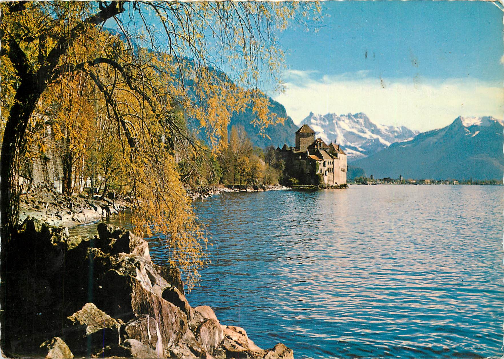 CPM Chateau de Chillon pres Montreux Lac Leman et les Dents du Midi Schloss Chillon bei Montreux mit Genfersee und Dents