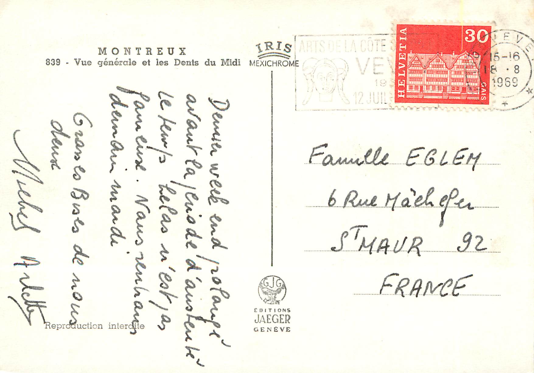CPM Montreux Vue generale et les Dents du Midi Iris Mexichrome Helvetia — Rückseite