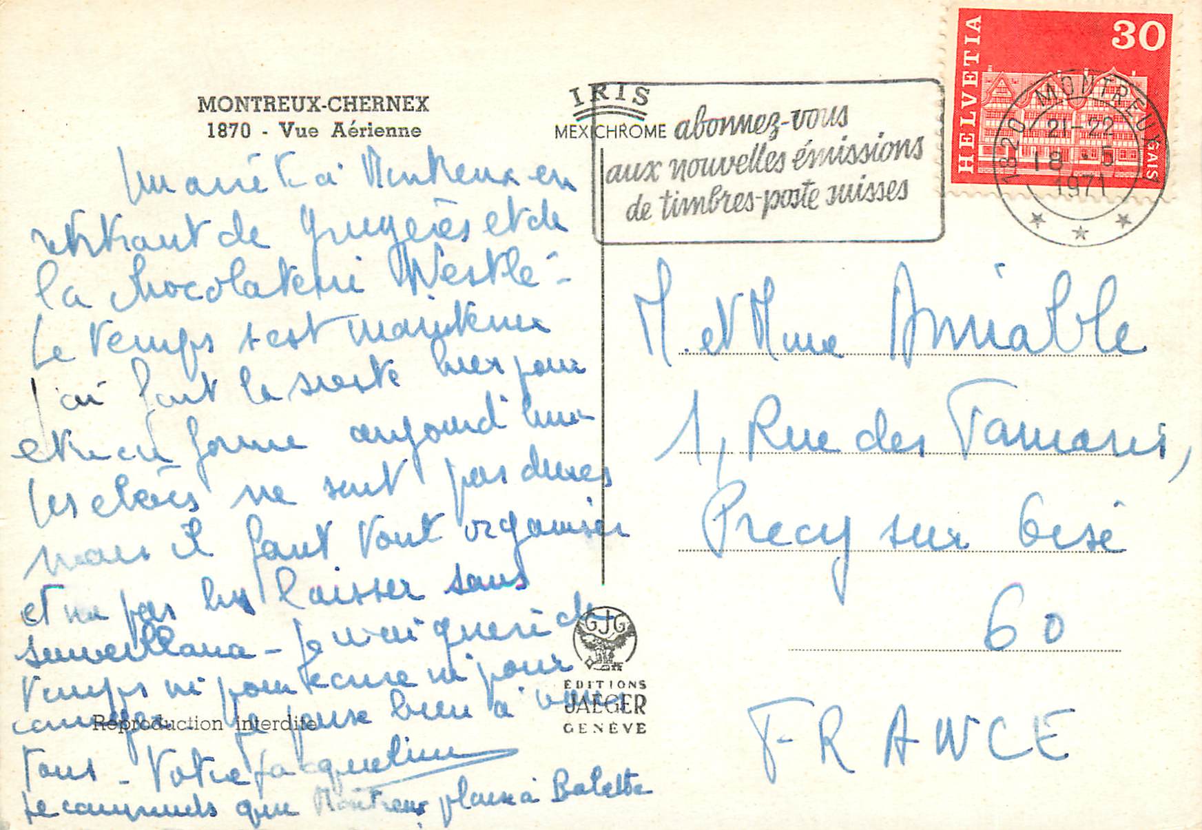 CPM Montreux Chernex Vue Aerienne Iris Mexichrome Helvetia — Rückseite