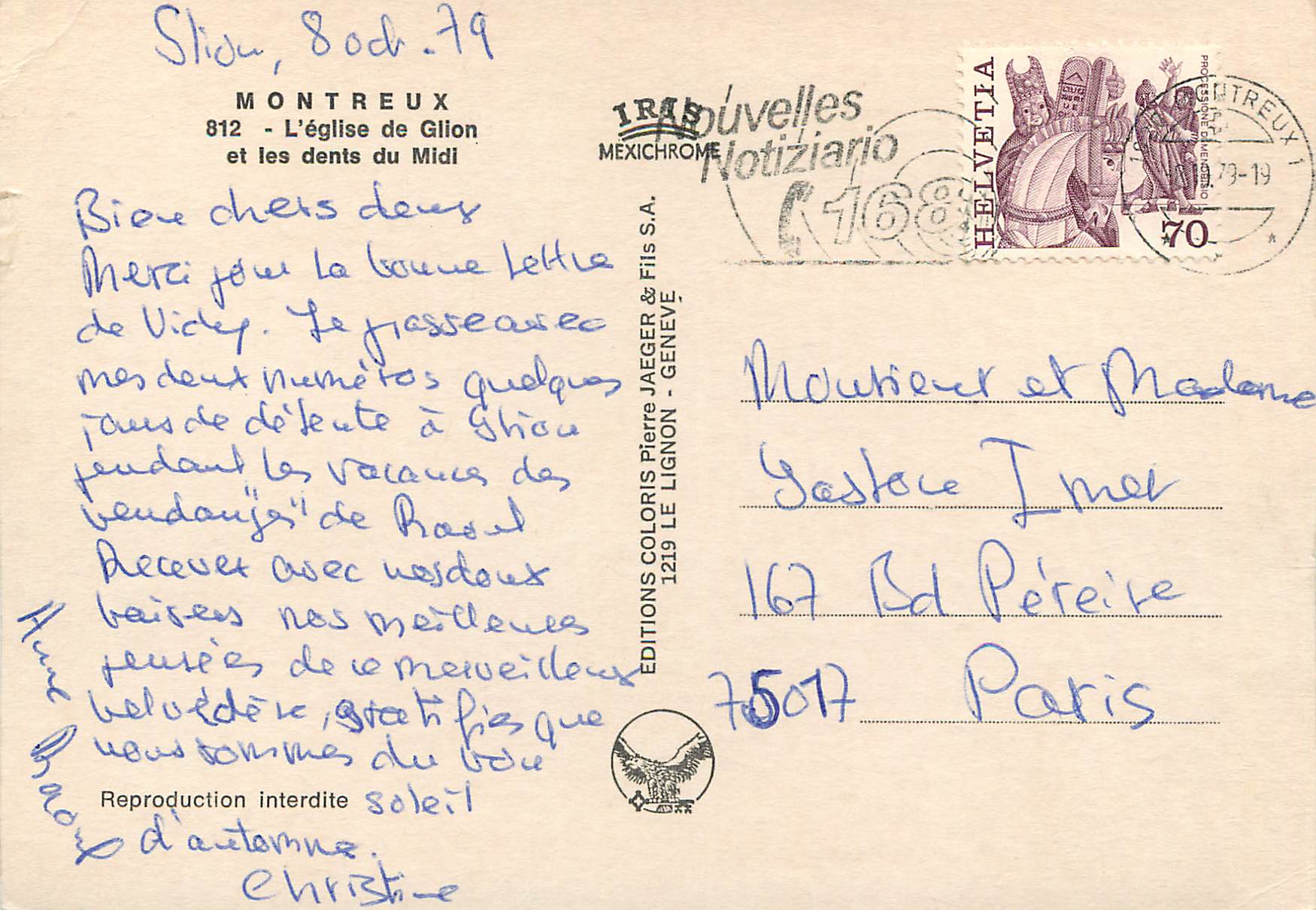 CPM Montreux L eglise de Glion et les dents du Midi Nouvelles Notizario Helvetia Iris Mexichrome Reproduction Interdite — Verso