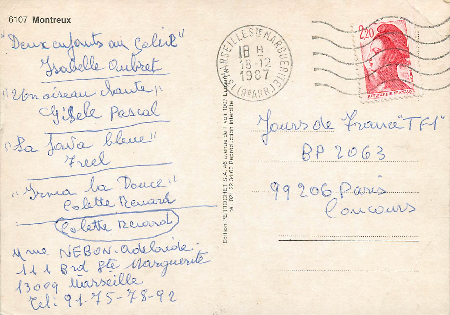 CPM Montreux Marseilles Marguerite — Rückseite