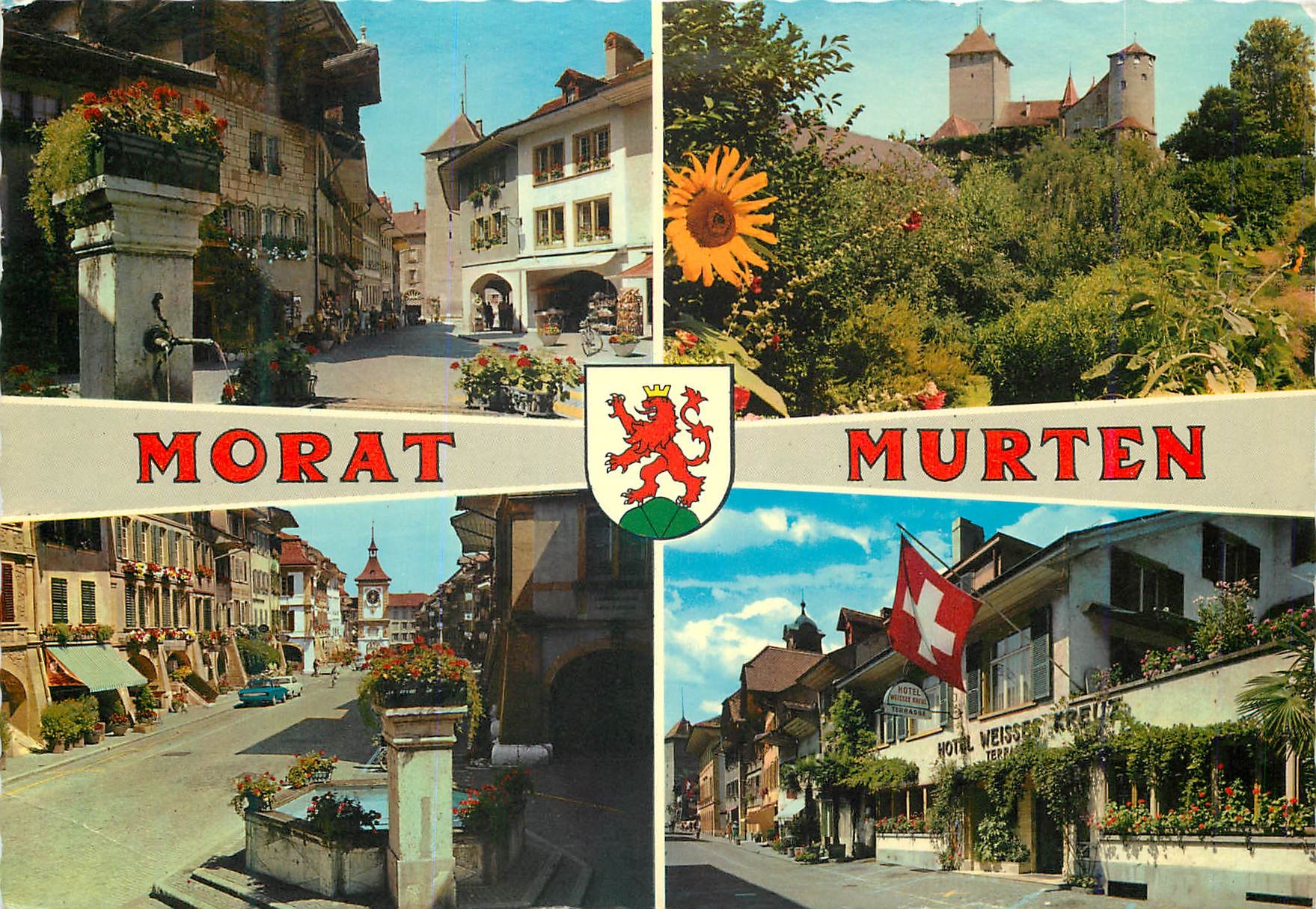 CPM Morat Murten Maison gothique et le Chateau Le Chateau Grand Rue Rue de l Hotel de Ville et le Chateau Braderie Fete 