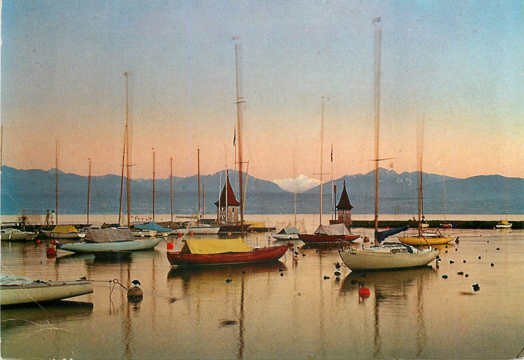 CPM Morges Le port au crepuscule Der Hafen bei Abenddammerung Il porto al crepuscolo Reproduction interdite Helvetia