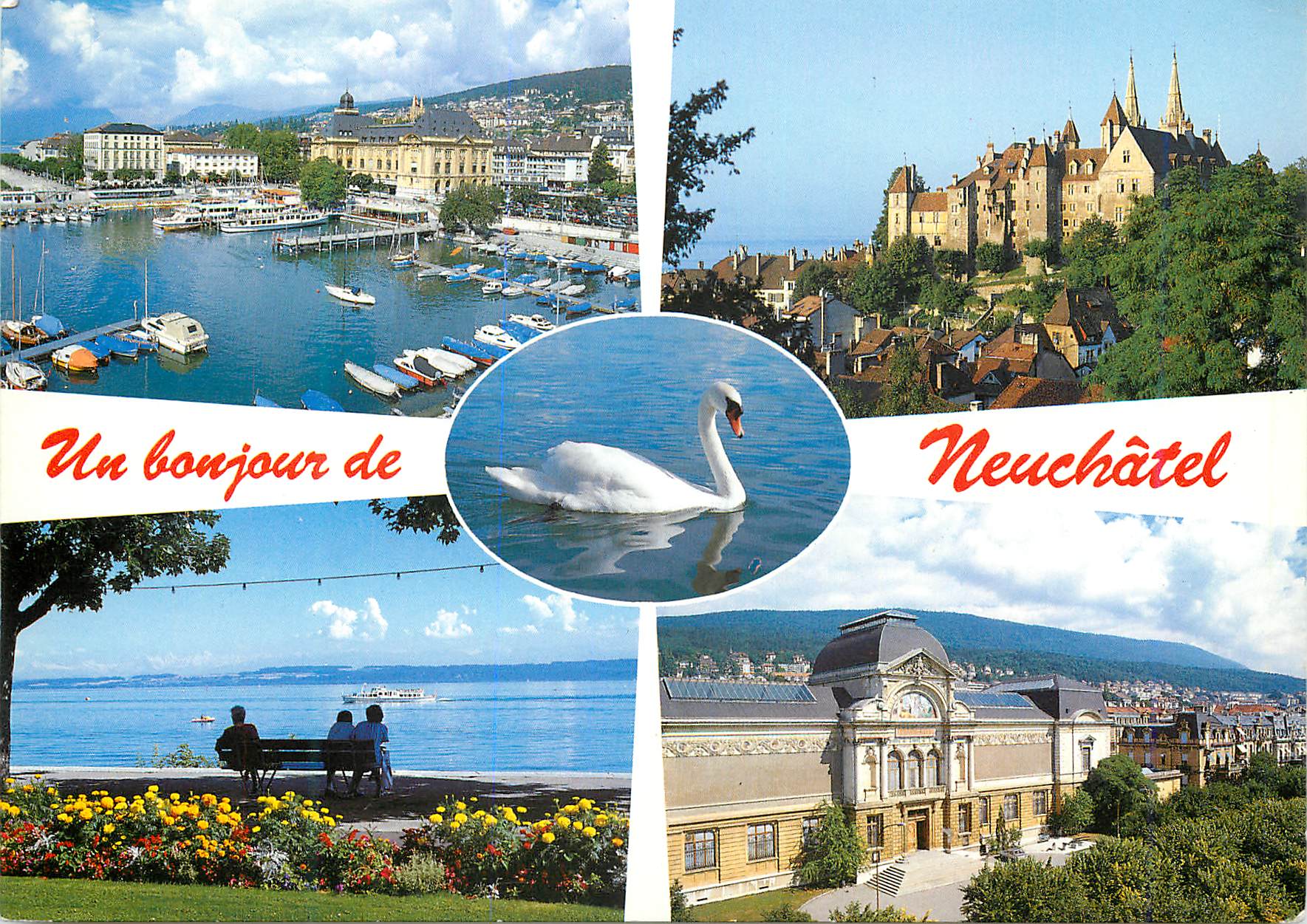 CPM Un bonjour de Neuchatel Neuchatel Port Chateau Quais Musee des Beaux Arts Couleurs Veritables Reproduction interdite