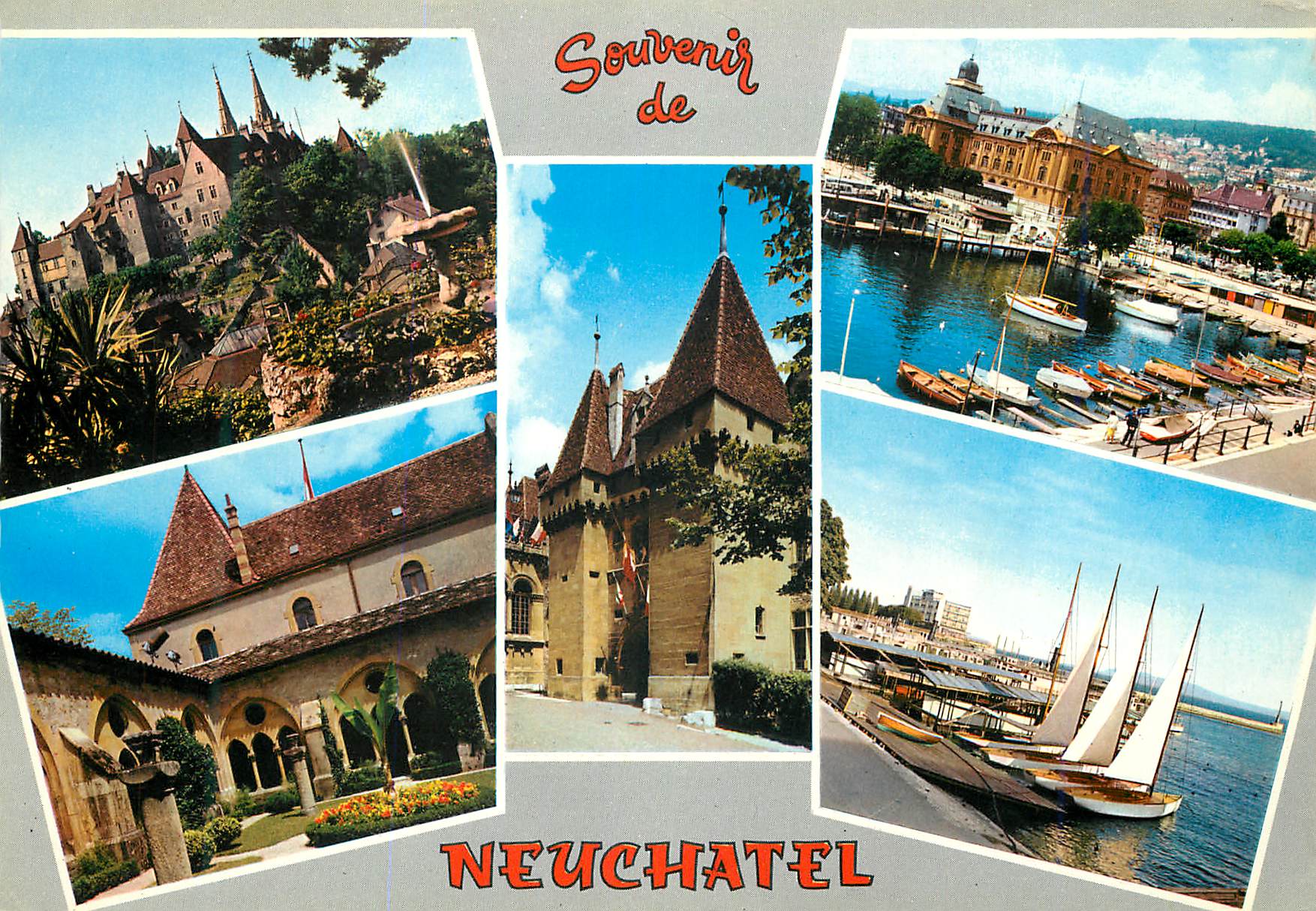 CPM Souvenir de Neuchatel La Collegiale Le Port et la ville Chateau de Neuchatel Le Cloitre Le Chateau Le Port Hotel Bea
