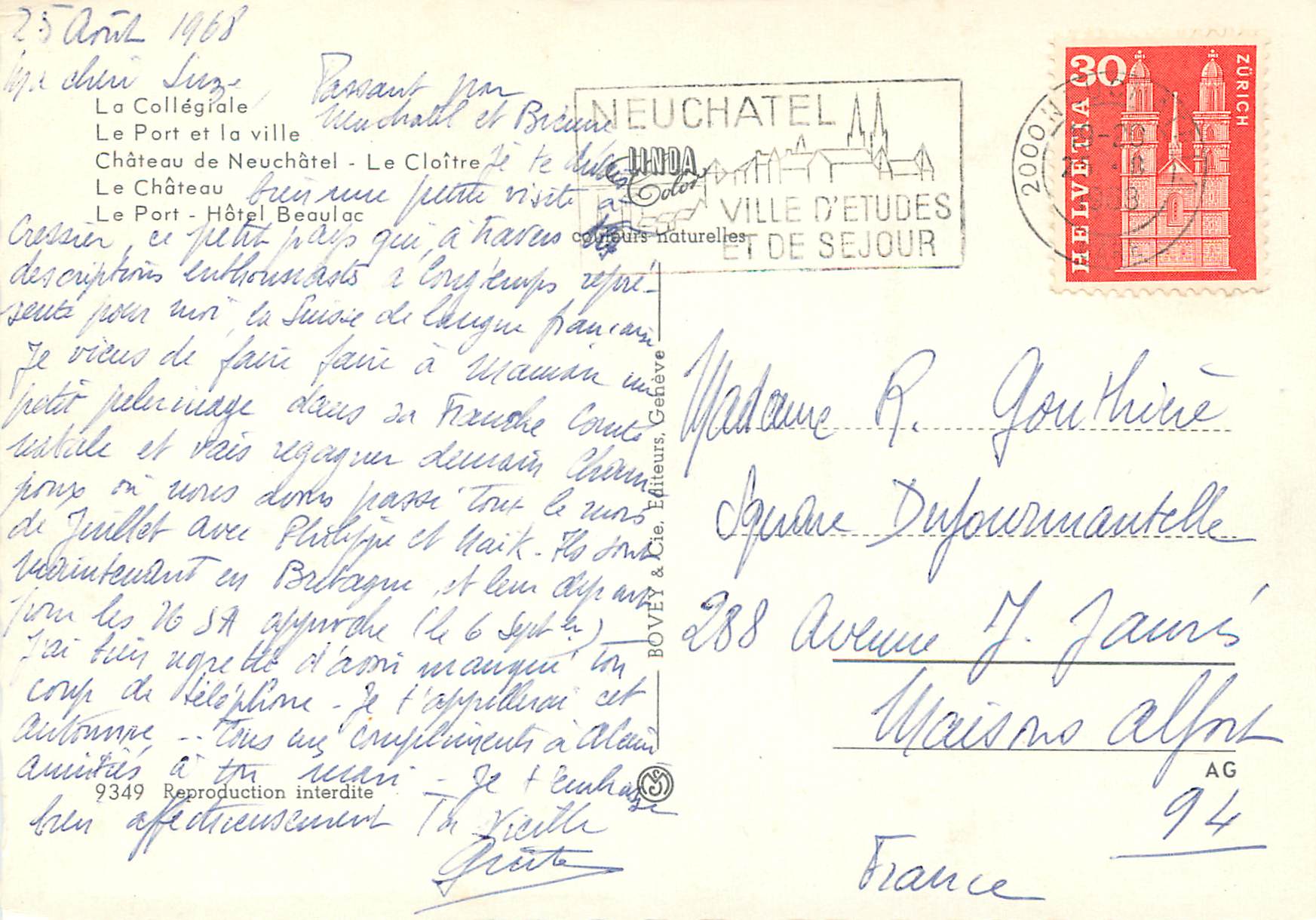 CPM Souvenir de Neuchatel La Collegiale Le Port et la ville Chateau de Neuchatel Le Cloitre Le Chateau Le Port Hotel Bea — Rückseite