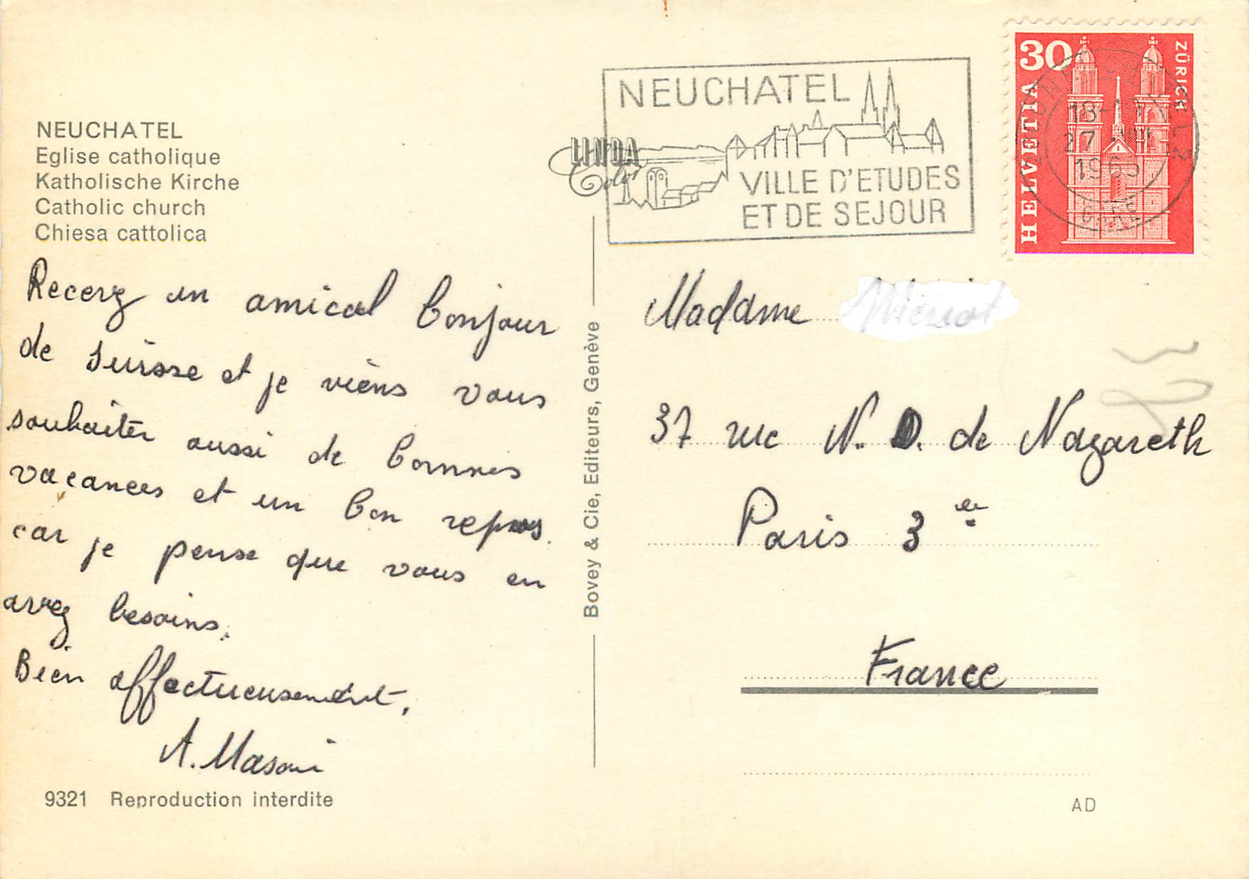 CPM Neuchatel Eglise catholique Katholische Kirche Chiesa cattolica Neuchatel Ville d Etudes et de Sejour Helvetia Zuric — Rückseite