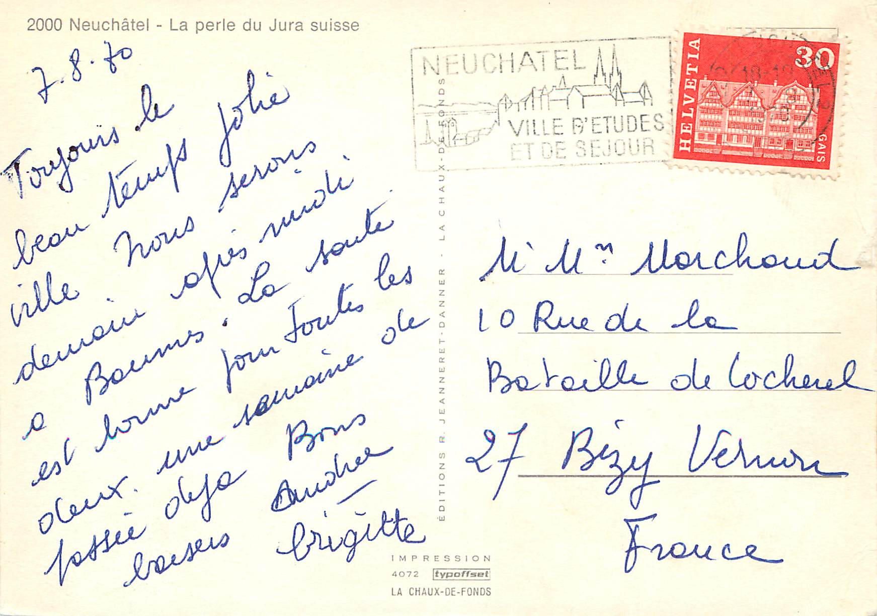 CPM Neuchatel Neuchatel La perle du Jura suisse Neuchatel Ville d Etudes et de Sejour Helvetia — Verso
