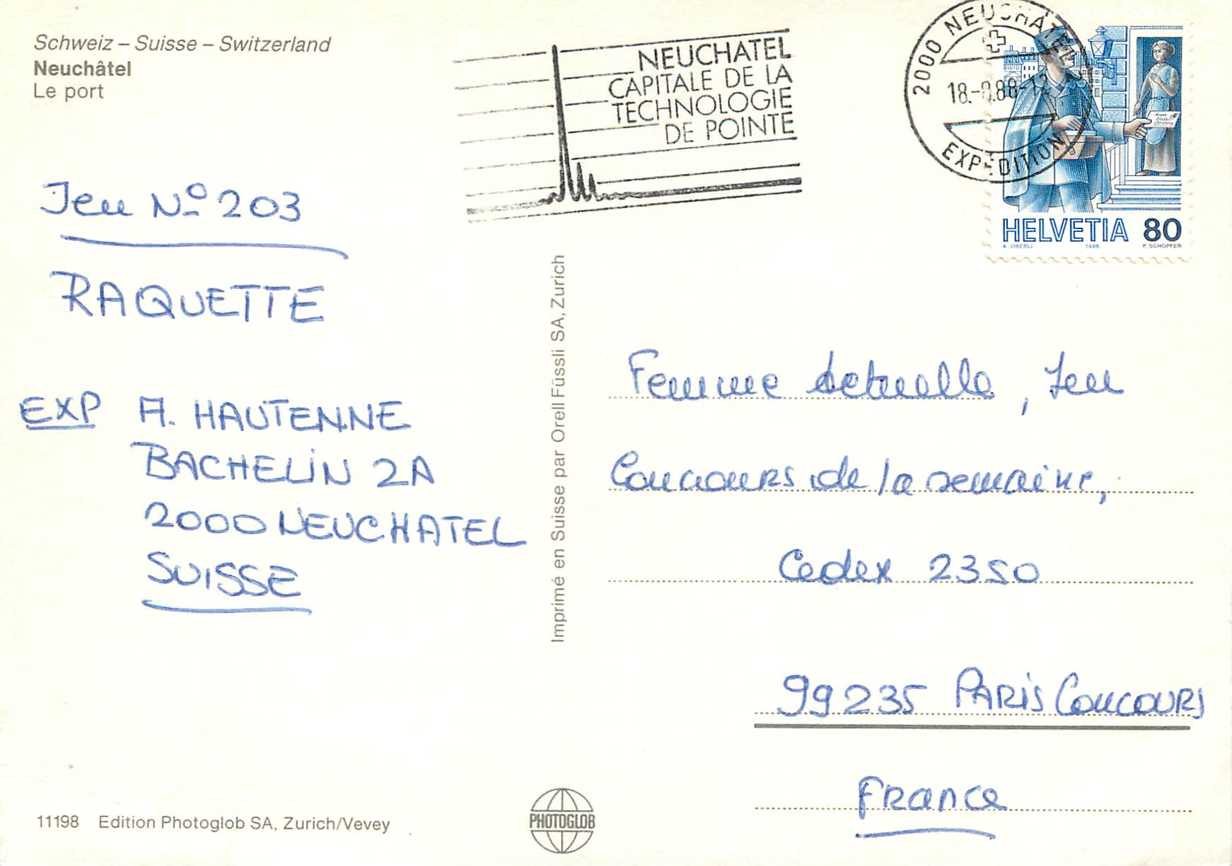 CPM Schweiz Suisse Switzerland Neuchatel Le port Neuchatel Capitale de la Technologie de Pointe Neuchatel Expedition Hel — Rückseite