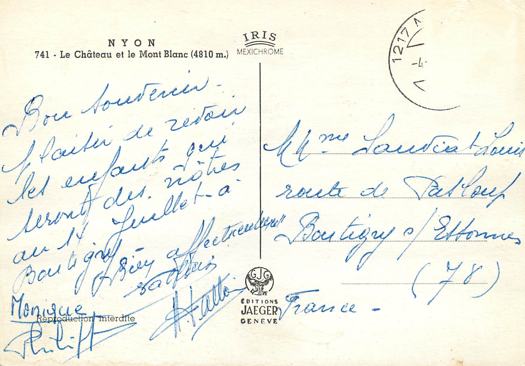 CPM Nyon Le Chateau et le Mont Blanc Iris Mexichrome Reproduction interdite Editions jaeger Geneve — Rückseite