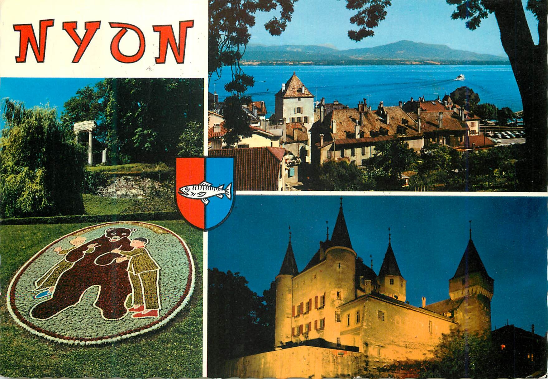 CPM Nyon Parterre fleuri et colonnes romaines Vue de la terrasse du Chateau Le Chateau illumine couleurs naturelles Helv