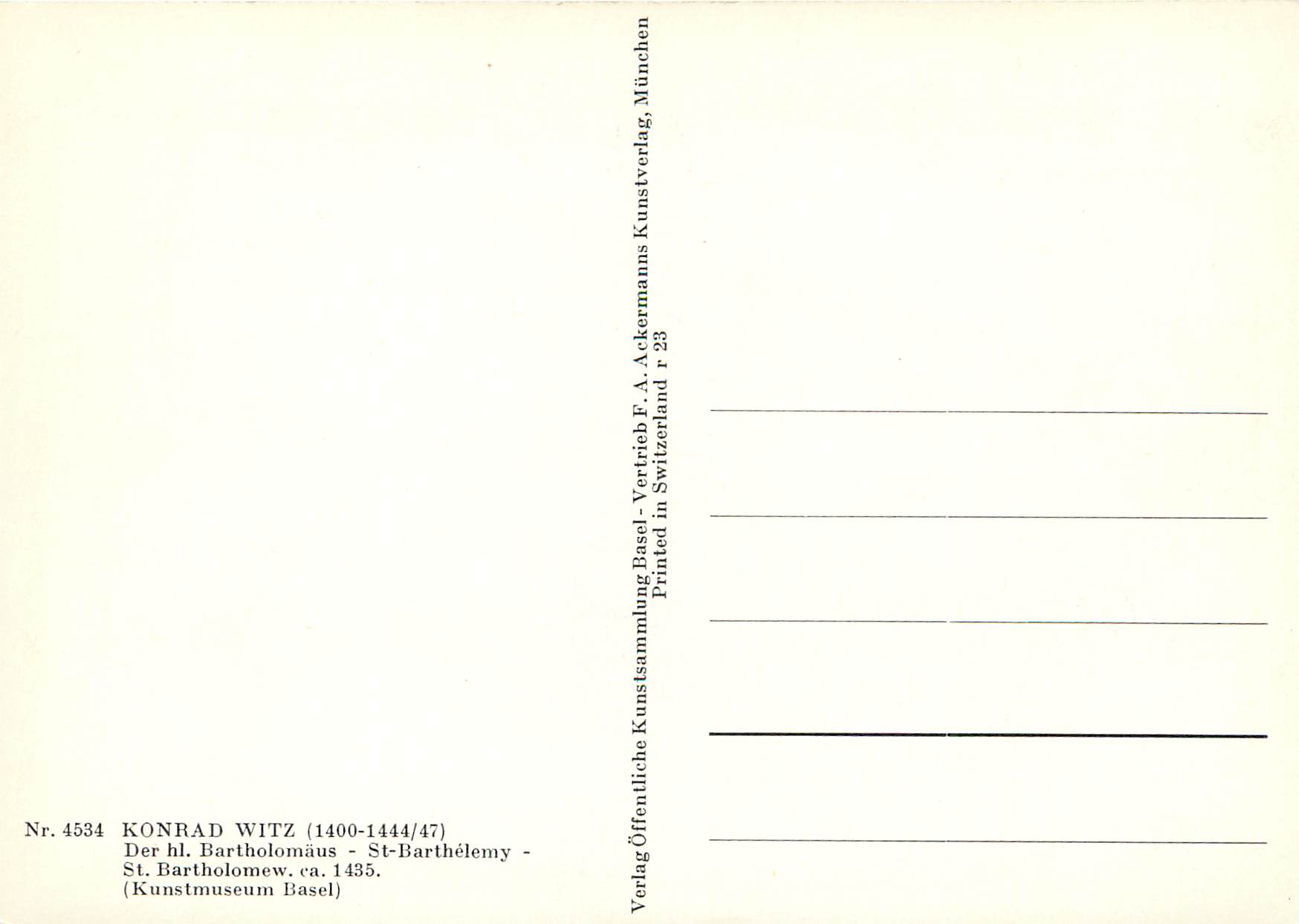 CPM Konrad Witz Der hl Bartholomaus St Barthelemy St Bartholomew Kunstmuseum Basel Verlag Offentliche Kunstsammlung Base — Verso