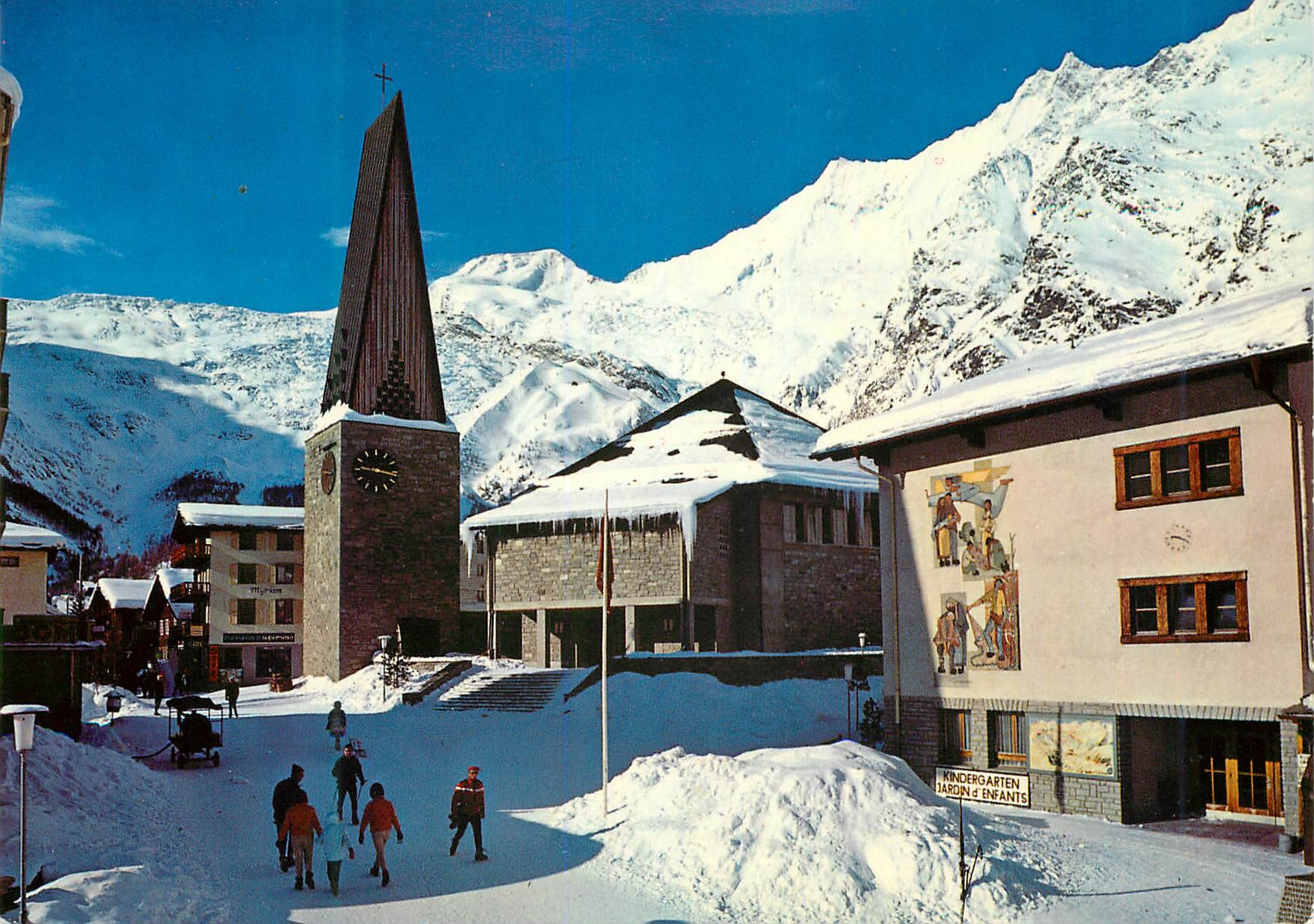 CPM Saas Fee Wallis Kirche und Dorfplatz Alphubel Taschhorn Dom