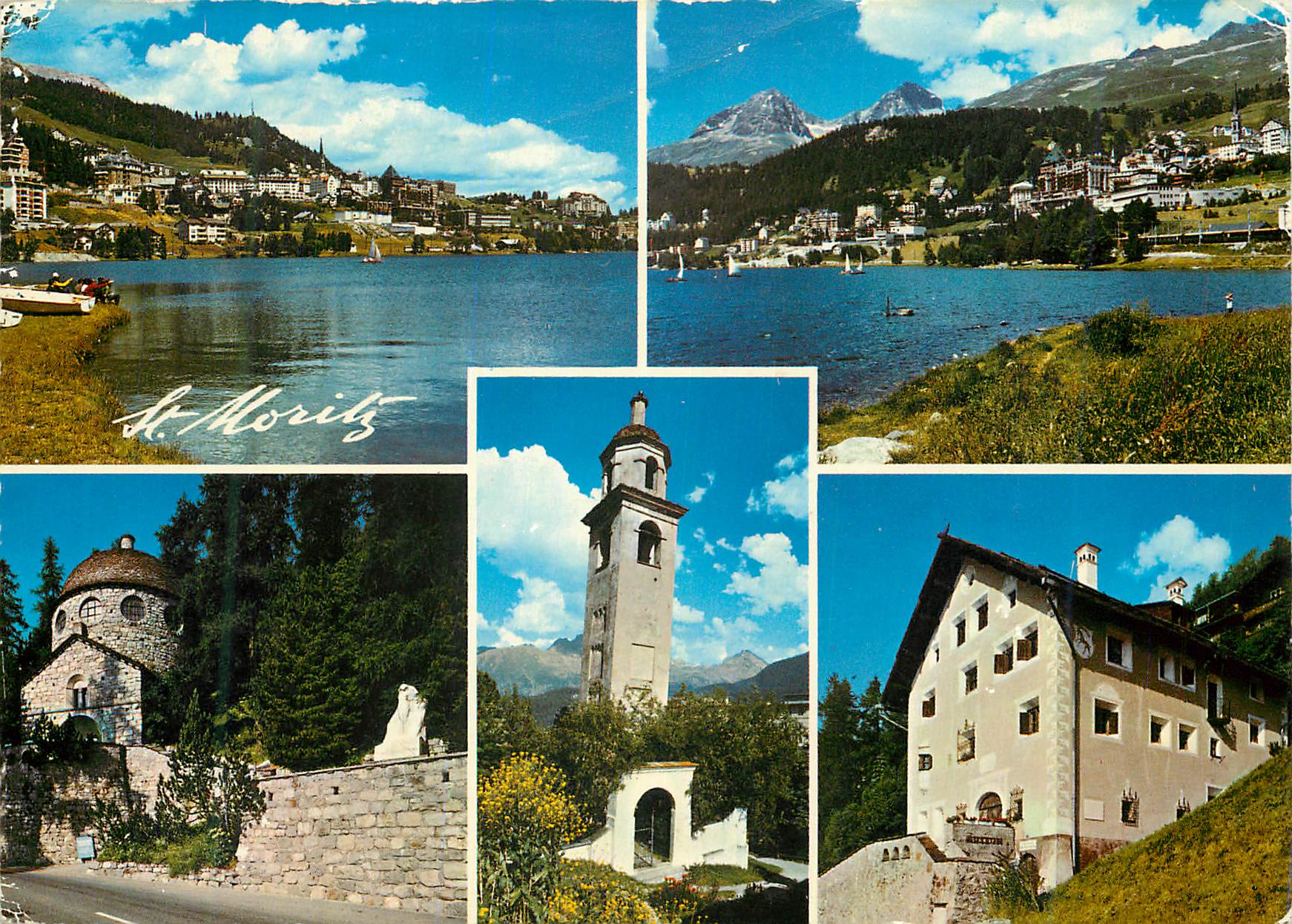 CPM St Moritz Schweiz Suisse Switzerland St Moritz Segantini Museum und Denkmal Schiefer Turm St Moritz mit Piz Albana u