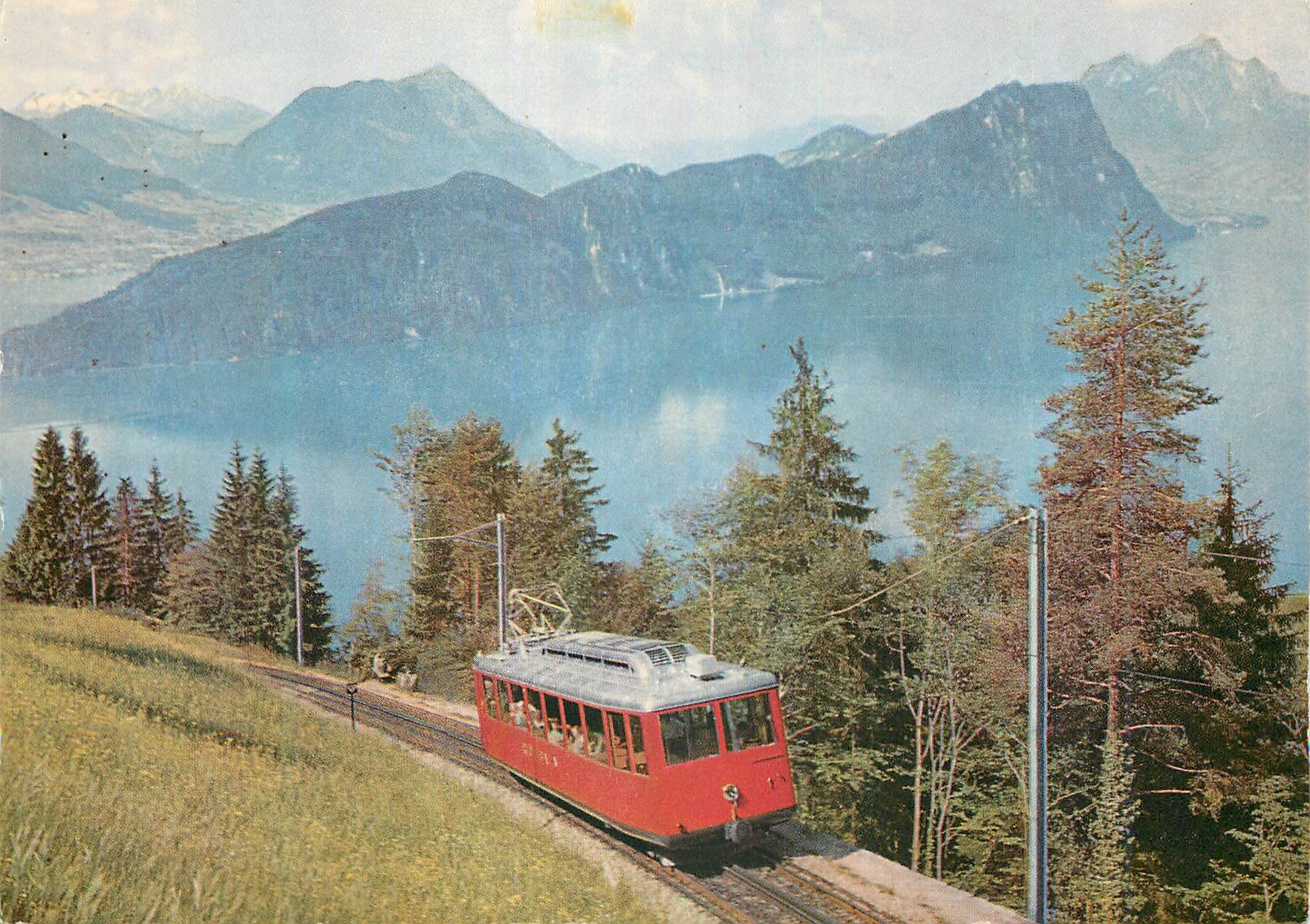 CPM Vitznau Rigi Bahn Blick auf Stanserhorn Burgenstock Pilatus und Vierwaldstattersee Train Funiculaire