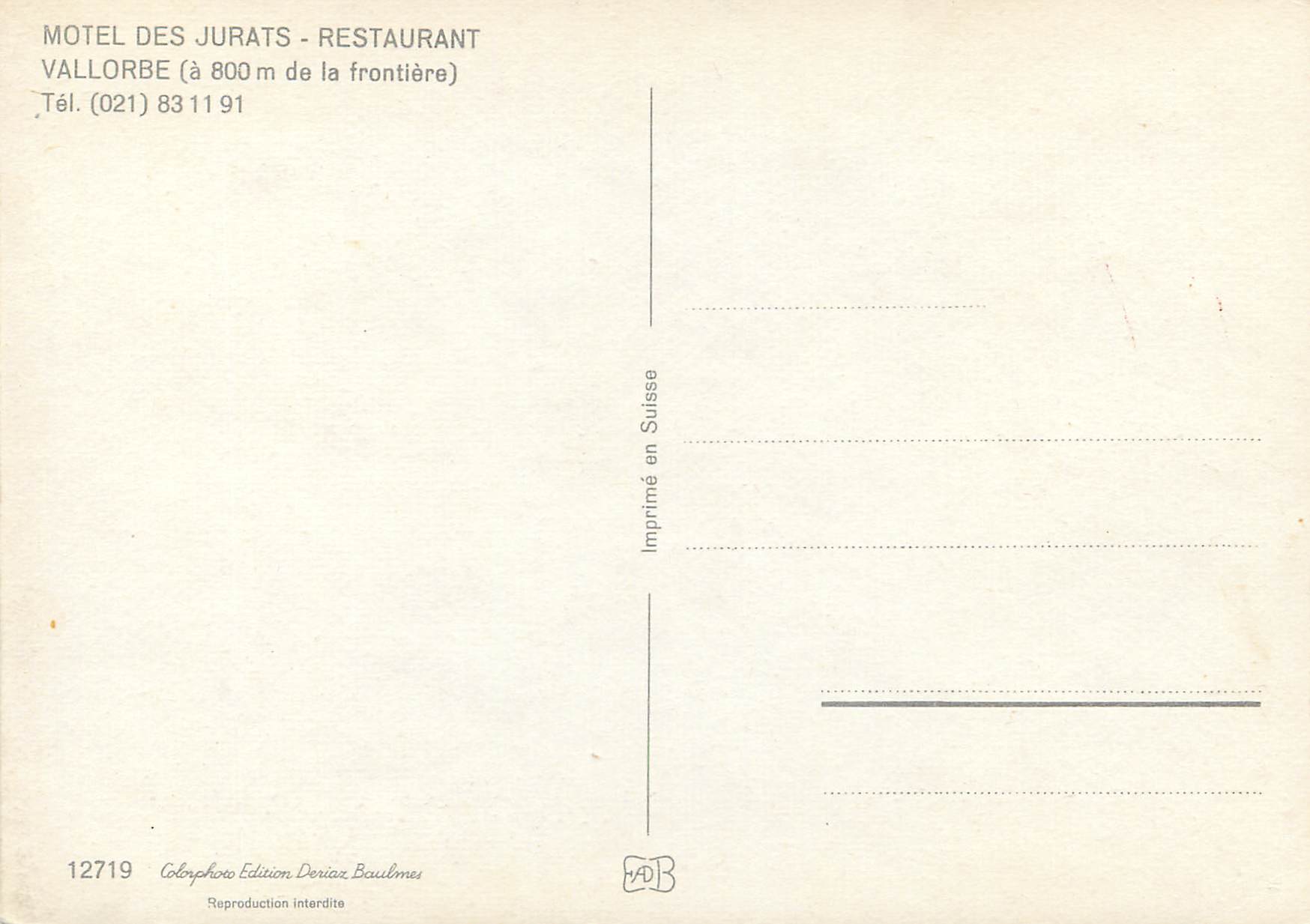 CPM Motel Jurats Restaurant Vallorbe m de la frontiere — Rückseite