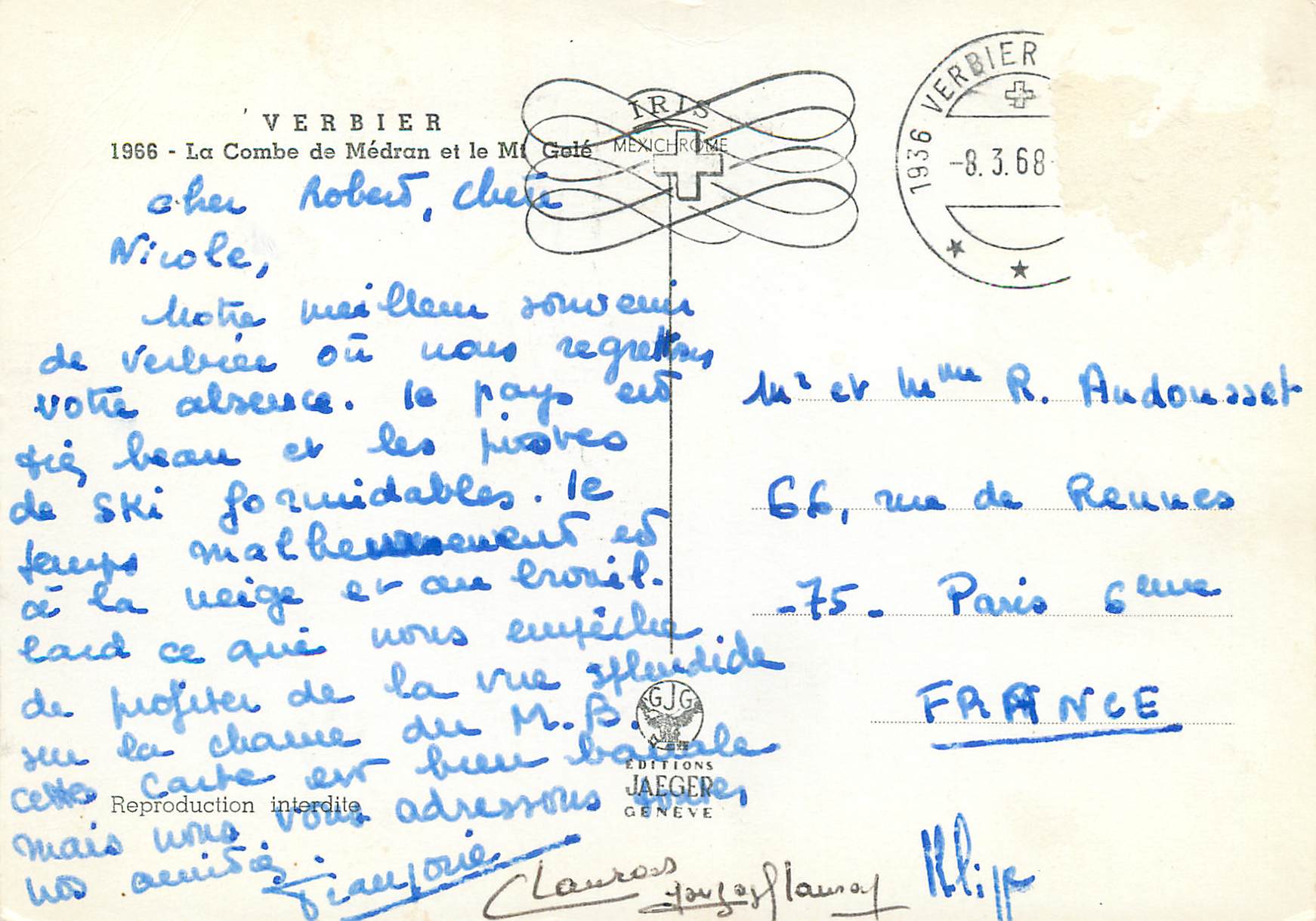 CPM Verbier La Combe de Medran et le Mi Gute Iris Mexichrome — Back
