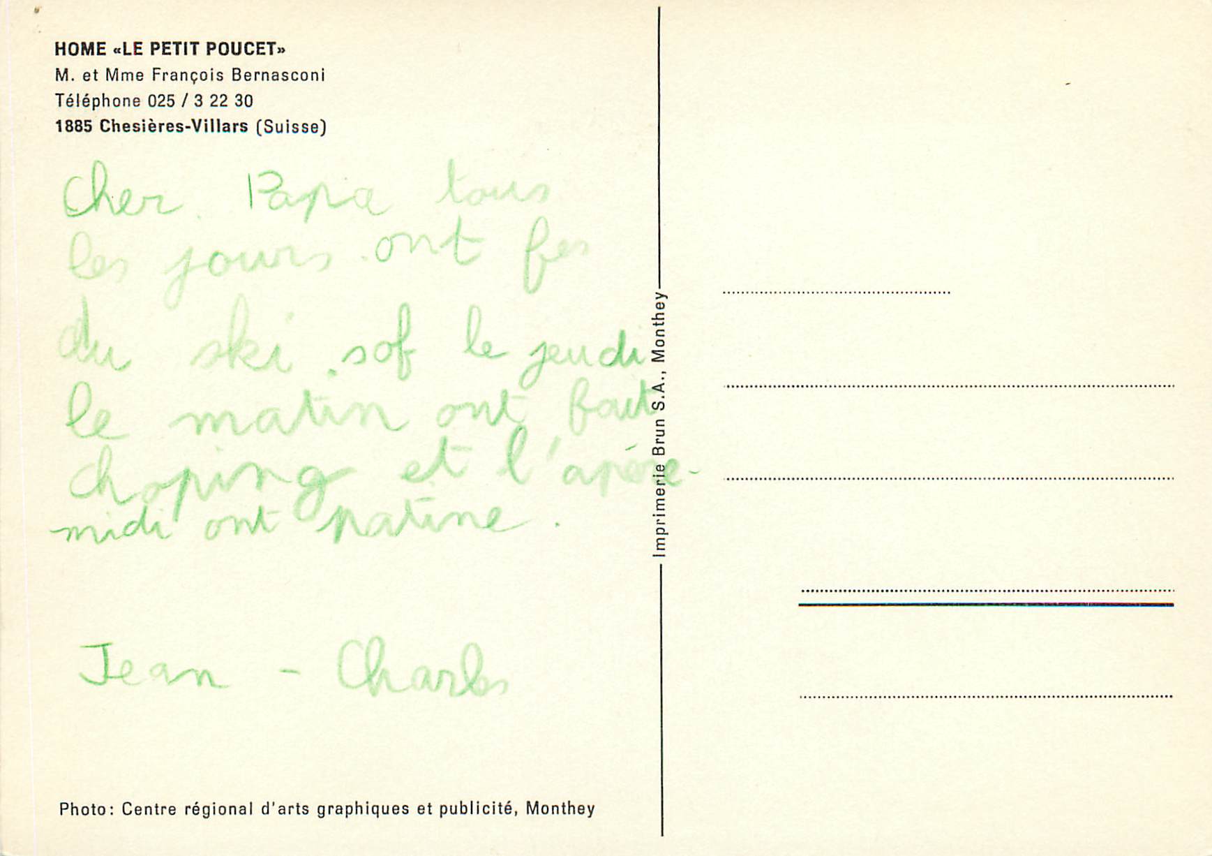 CPM Home Le Petit Poucet M et Mme Francois Bernasconi Telephone Chesieres Villars Suisse — Back