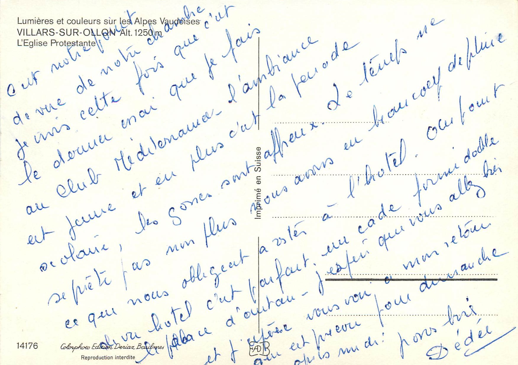 CPM Lumieres et couleurs sur et les Alpes Vaudoises Villars Sur Ollon L Eglise Protestane — Rückseite