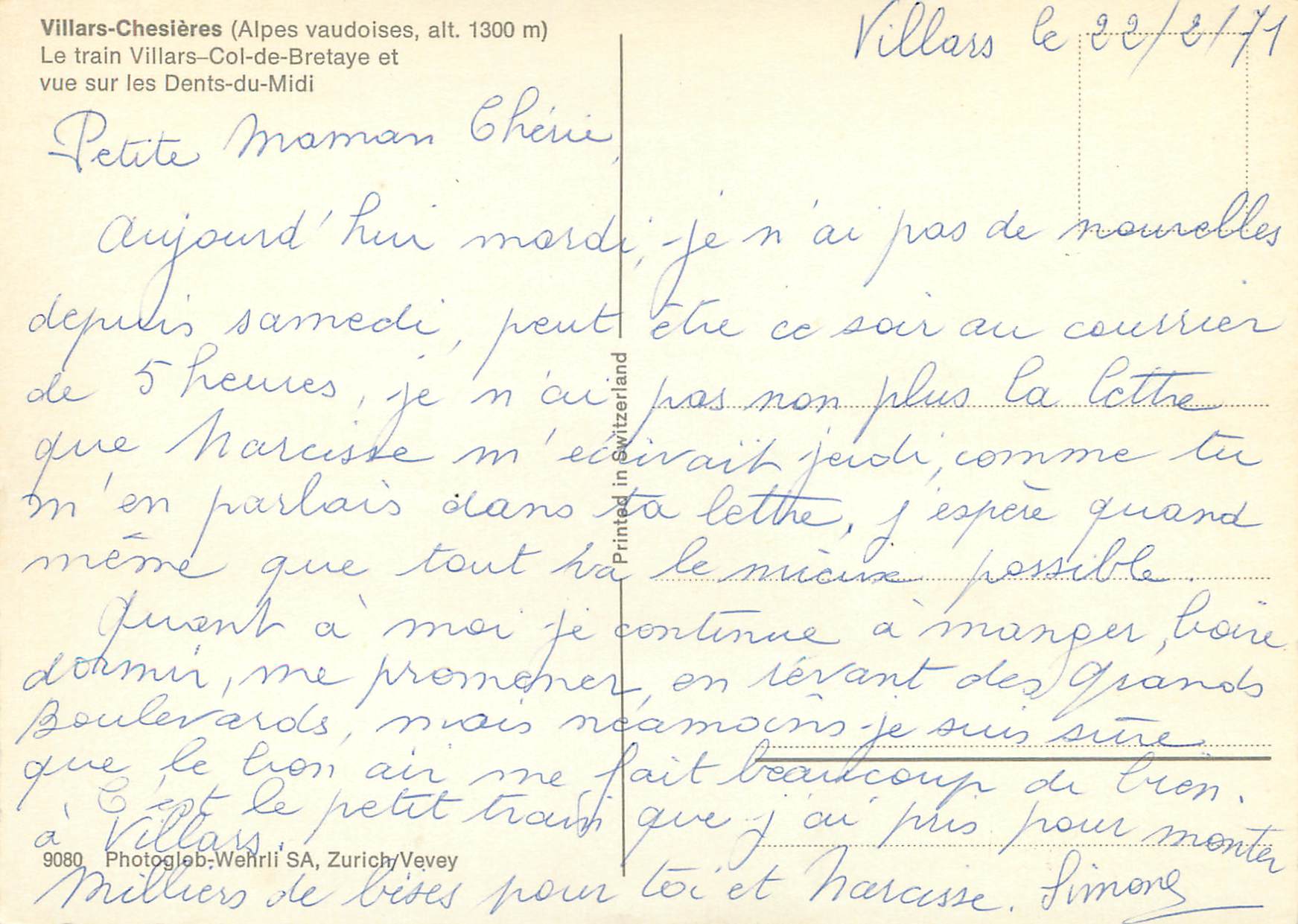 CPM Villars Chesieres Alpes vaudoises Le train Villars Col de Bretaye et vue sur les Dents du Midi — Rückseite