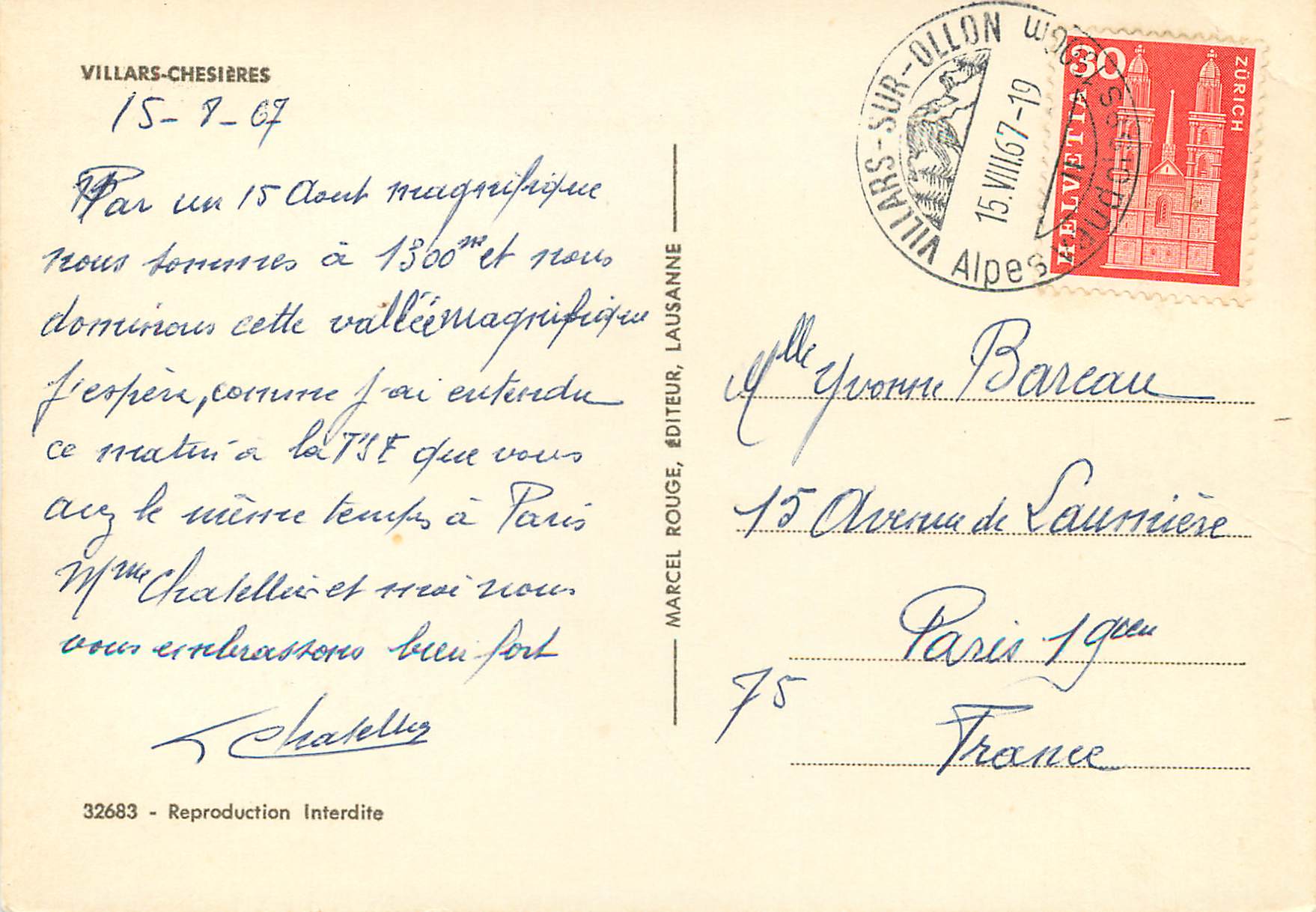 CPM Villars Chesieres Villars Sur Ollon Alpes vaudoises — Rückseite