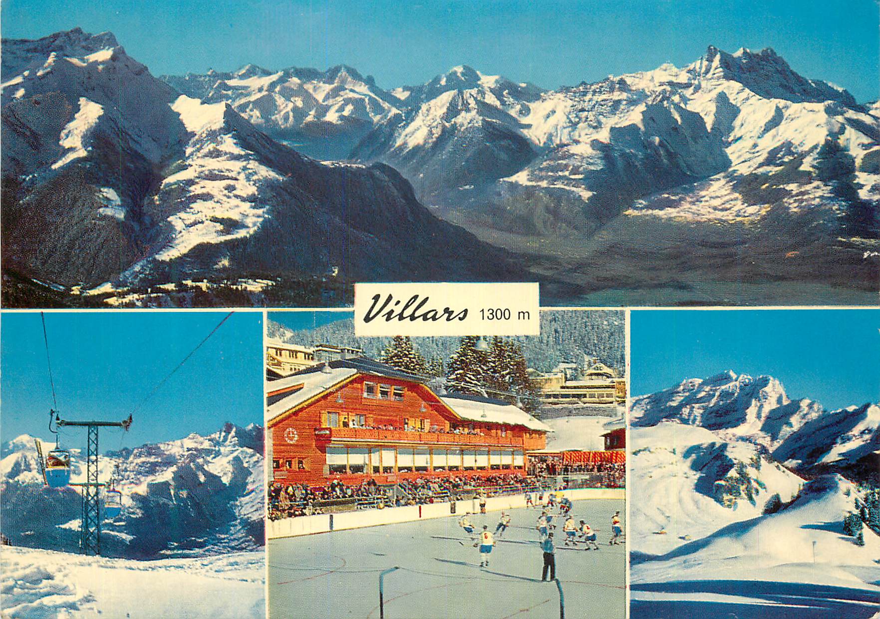 CPM Villars Panorama Dents de Morcles Aiguille Verte Mont Blanc et Dents du Midi Tele Cabine Roc d Orsay Patinoire Artif