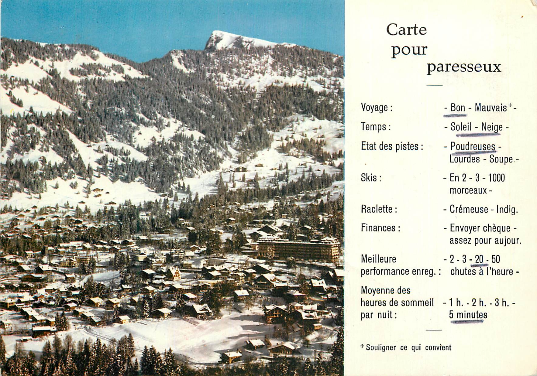 CPM Carte pour paresseux Voyage Bon Mauvais Temps Soleil Neige Etat des pistes Poudreuses Lourdes Soupe Skis En morceaux
