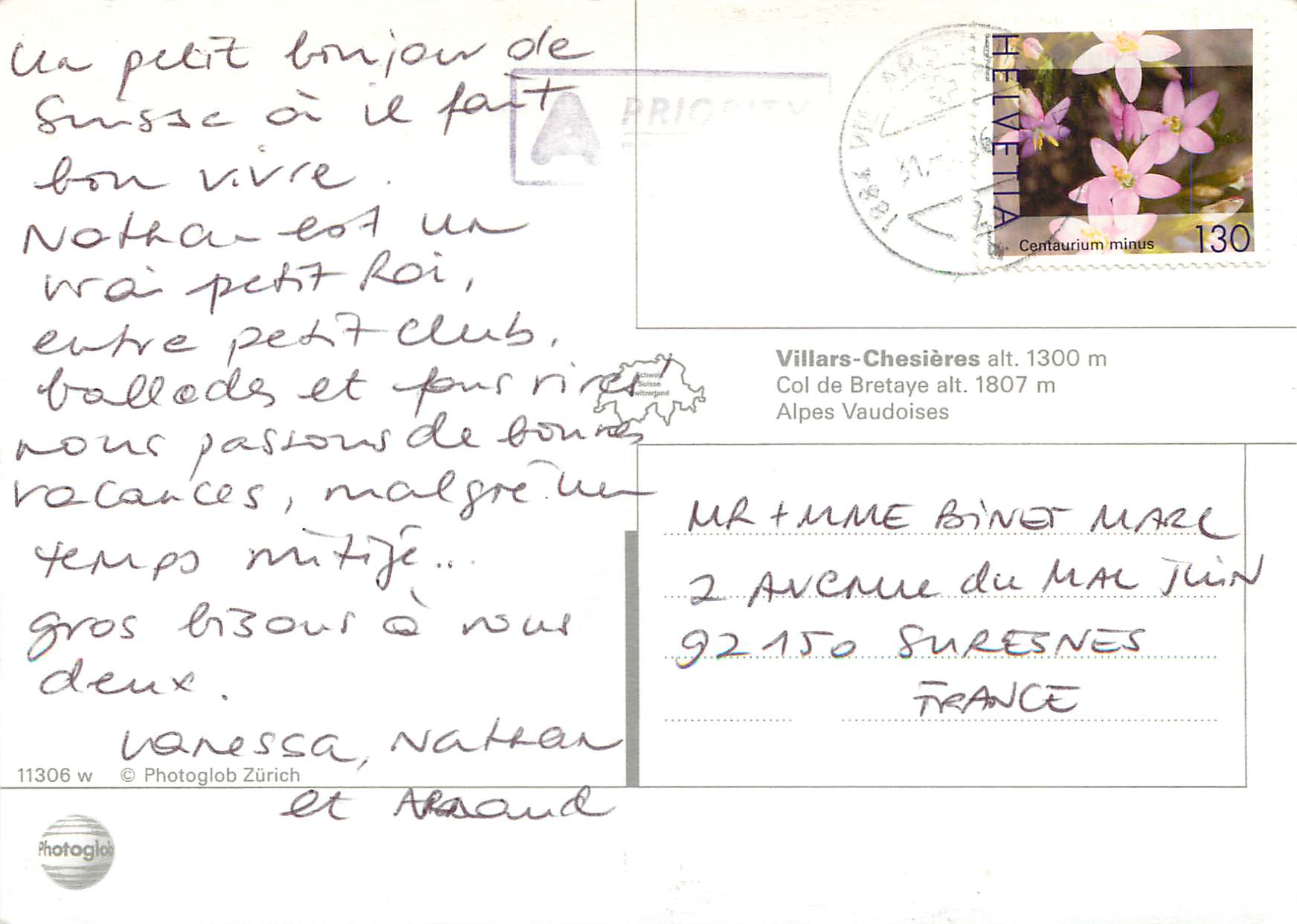 CPM Villars Villars Chesieres Col de Bretaye Alpes Vaudoises — Rückseite