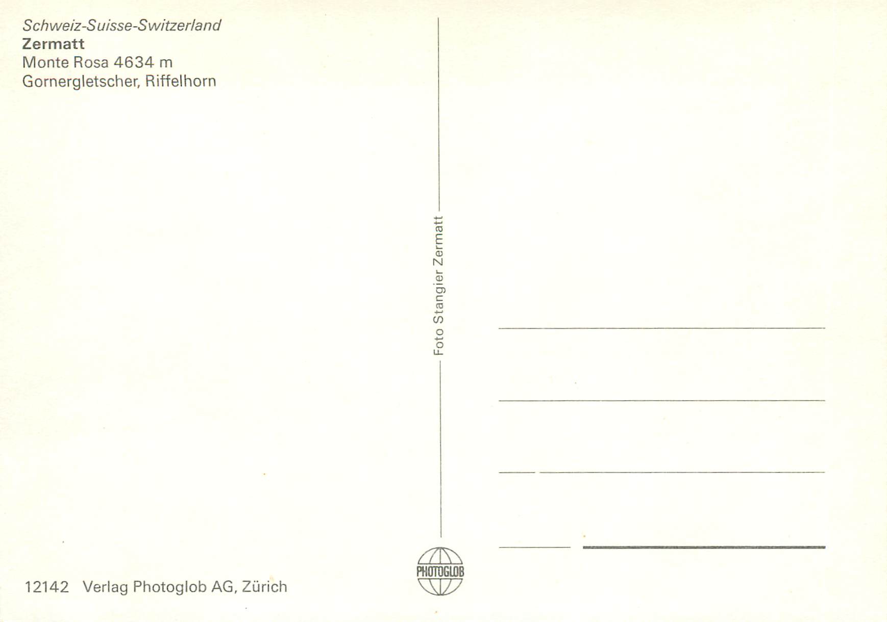 CPM Schweiz Suisse Switzerland Zermatt Monte Rosa Gornerletscher Riffelhorn — Rückseite