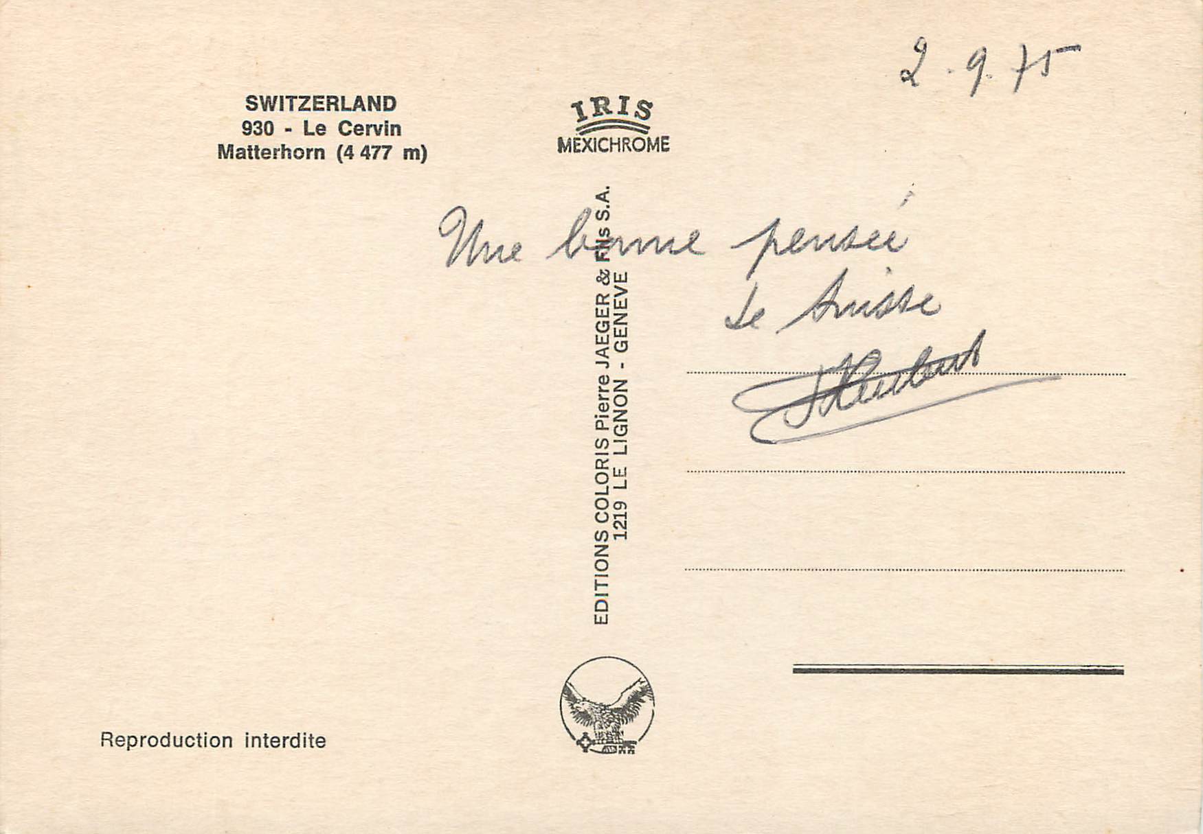CPM Switzerland Le Cervin Matterhorn — Back