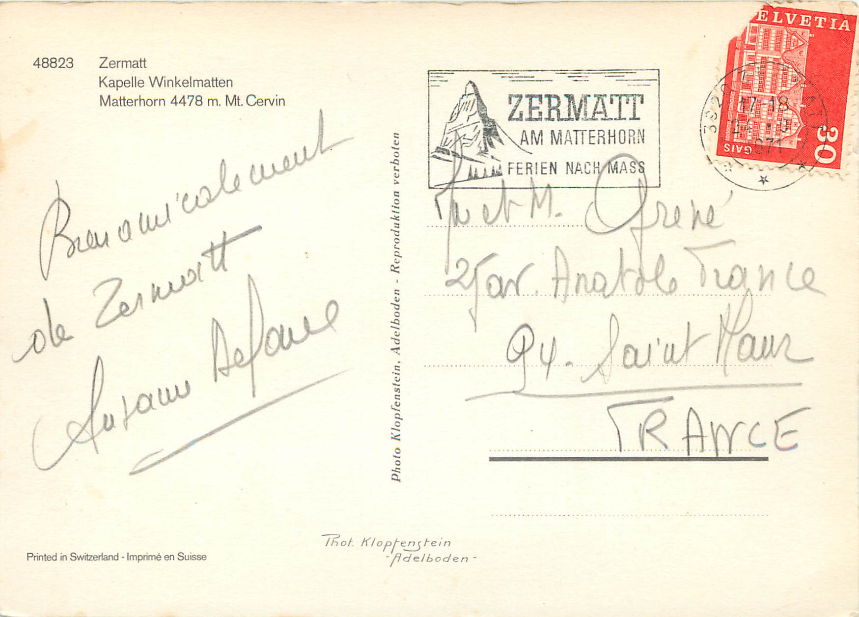 CPM Zermatt Kapelle Winkelmatten Matterhorn Mt Cervin Zermatt am Matterhorn Ferien nach Mass — Rückseite