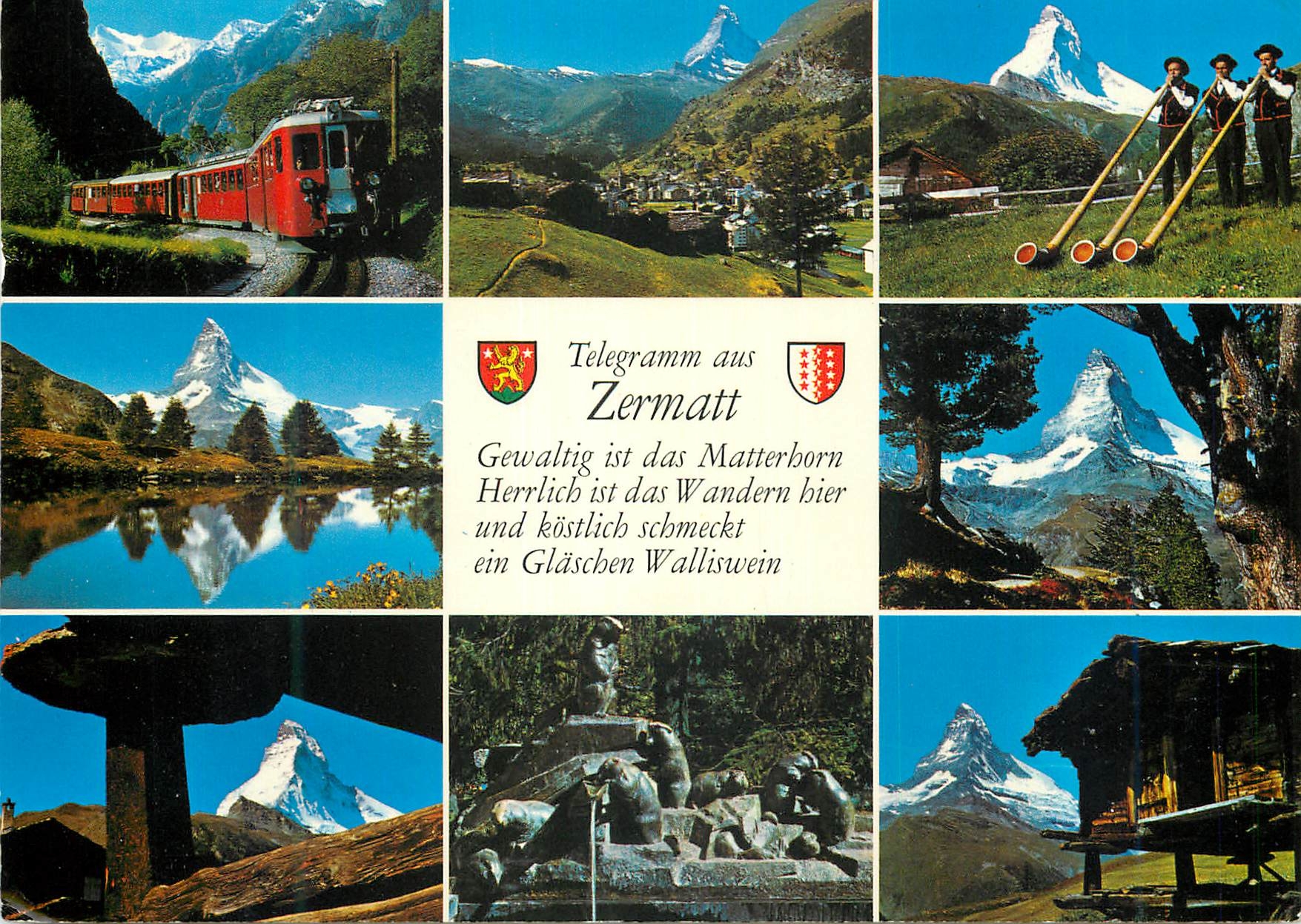CPM Telegramm aus Zermatt Gewaltigist das Matterhorn Harlich ist Wardenhier ind kostlich schmeckt ein Glaschen Walliswei