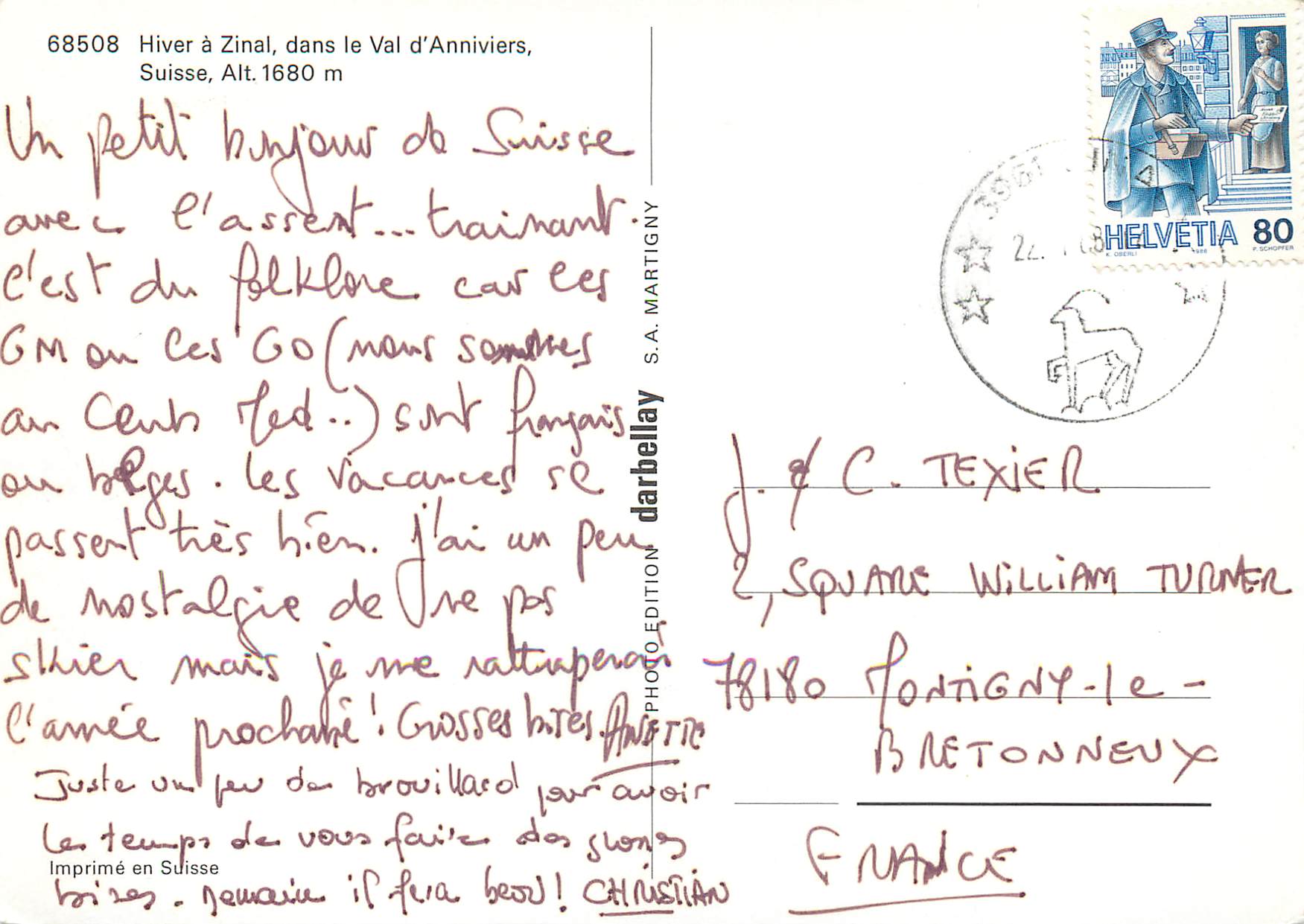 CPM Zinnal Val d Anniviers Hiver a Zinal dans le Val d Anniviers Suisse Helvetia — Rückseite
