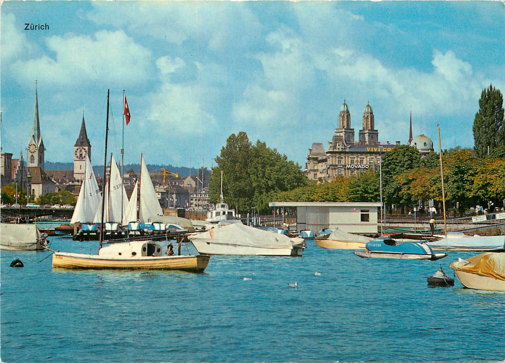 Zurich — vue du lac avec voiliers et église — éditeur A. Kiener, Schwanden GL