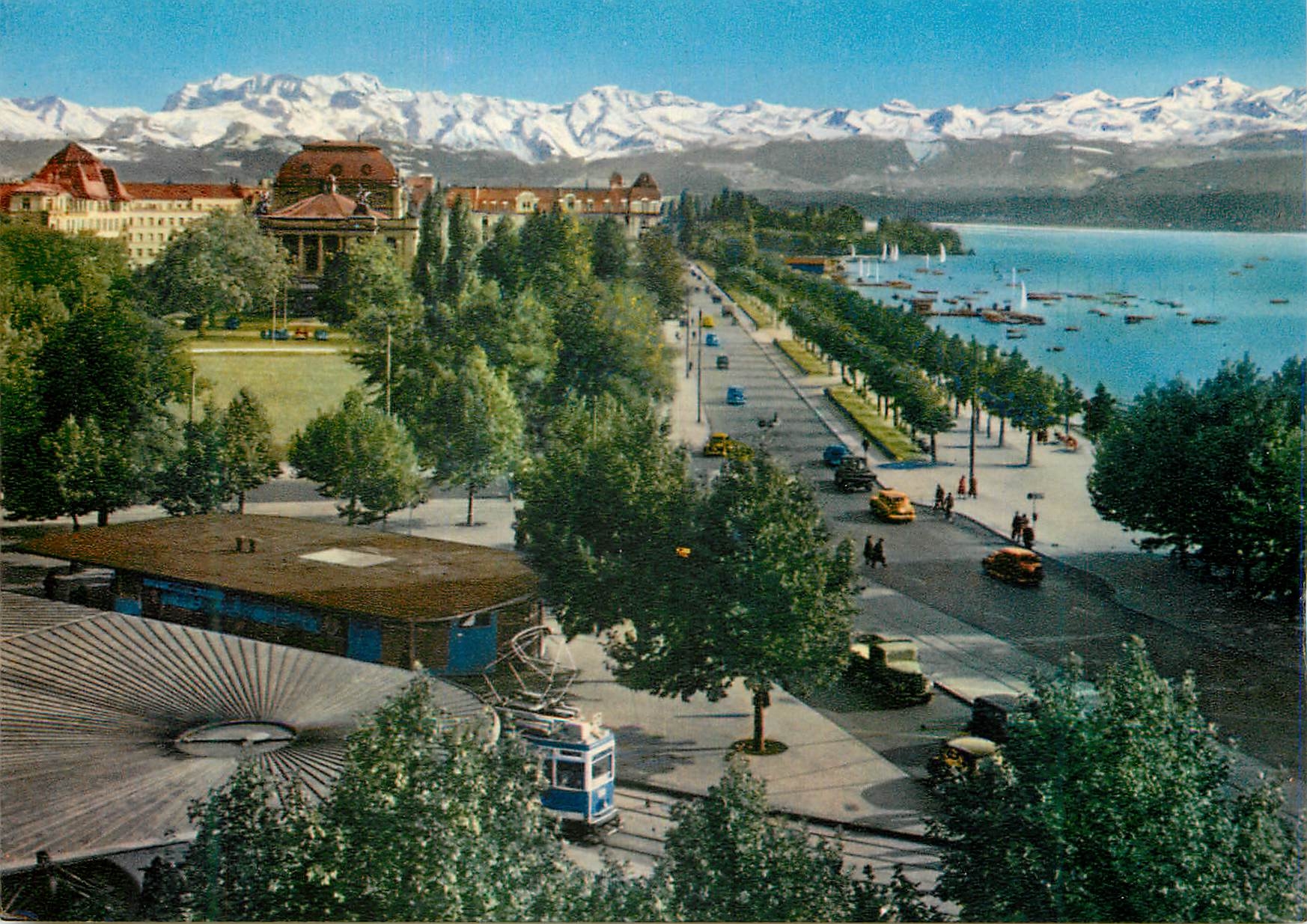 Zurich - Bellevue, Utoquai — vue panoramique avec lac et montagnes enneigées — Verlag Beringer & Pampaluch, Zurich