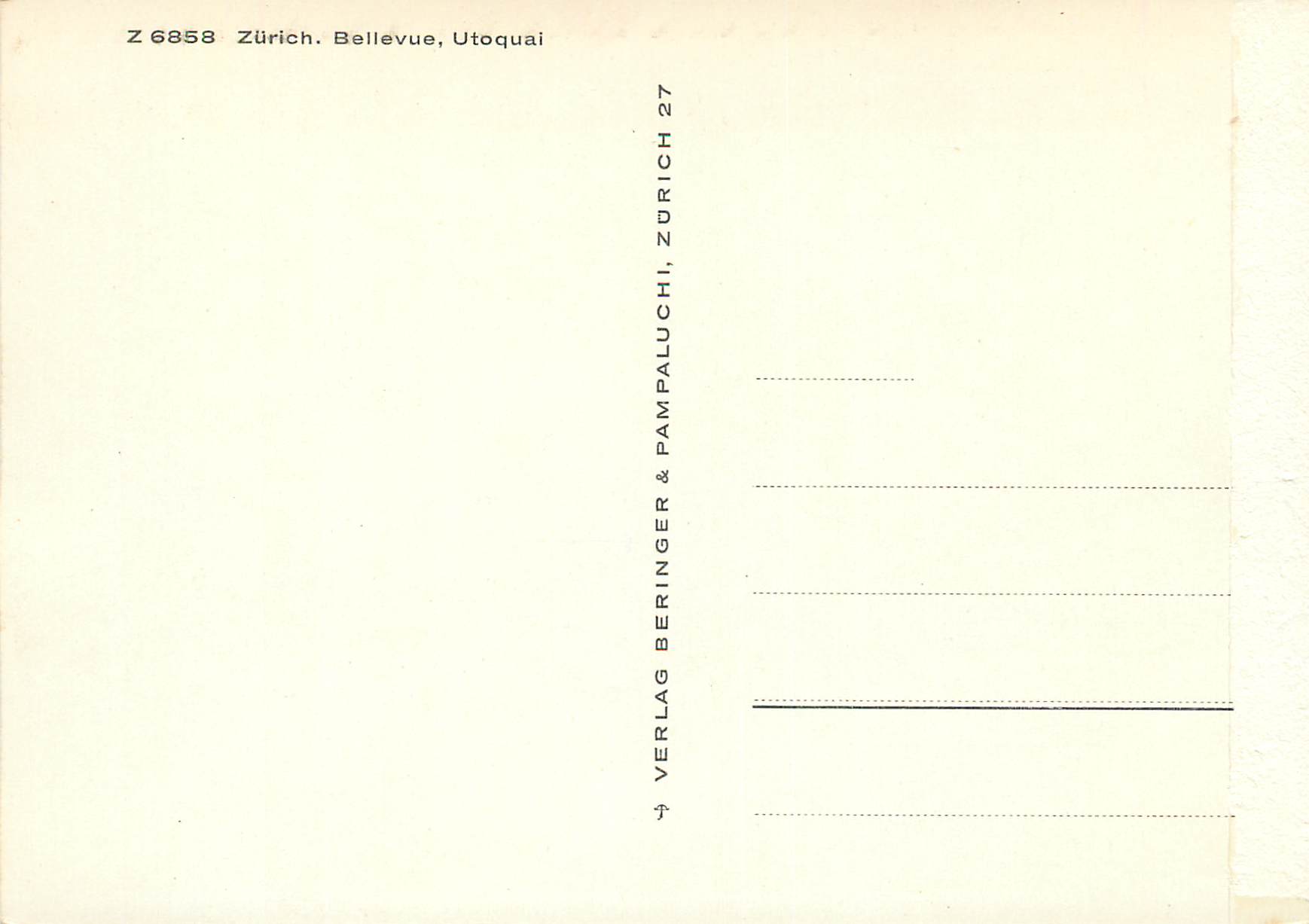 Zurich - Bellevue, Utoquai — vue panoramique avec lac et montagnes enneigées — Verlag Beringer & Pampaluch, Zurich — Rückseite