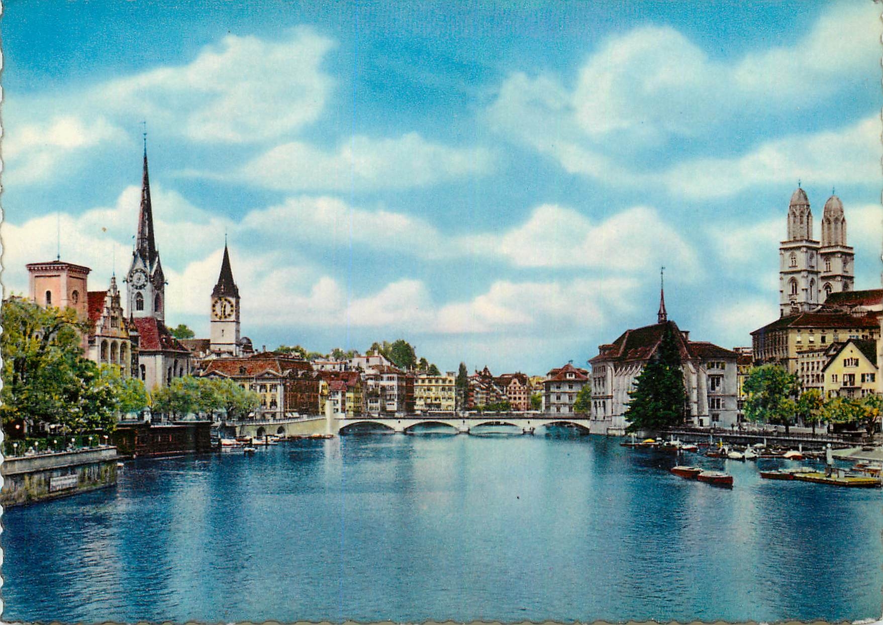 Zurich - Limmat — vue du pont et des églises — Verlag Beringer & Pampalunger, Zürich