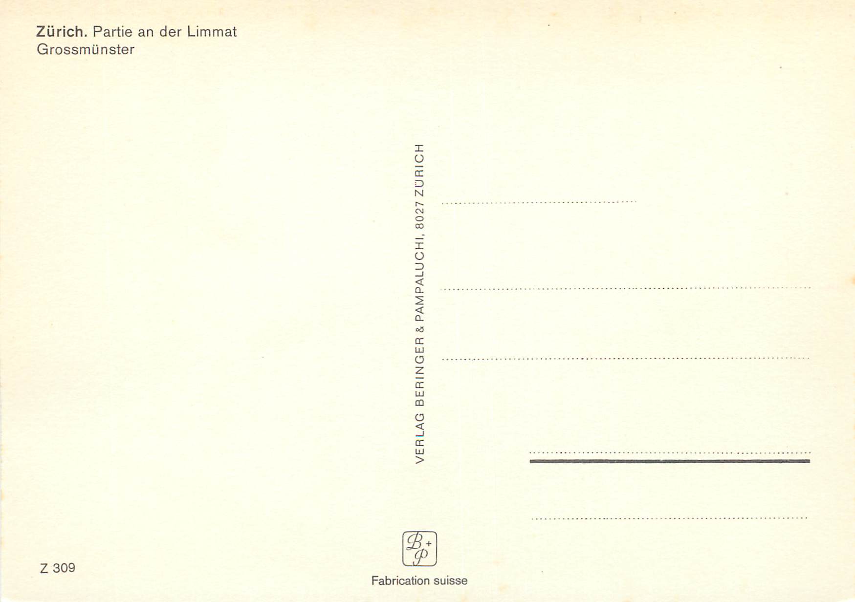 CPM Zurich Partie an der Limmat Grossmunster Verlag Beringer Pampaluchi Zurich — Rückseite